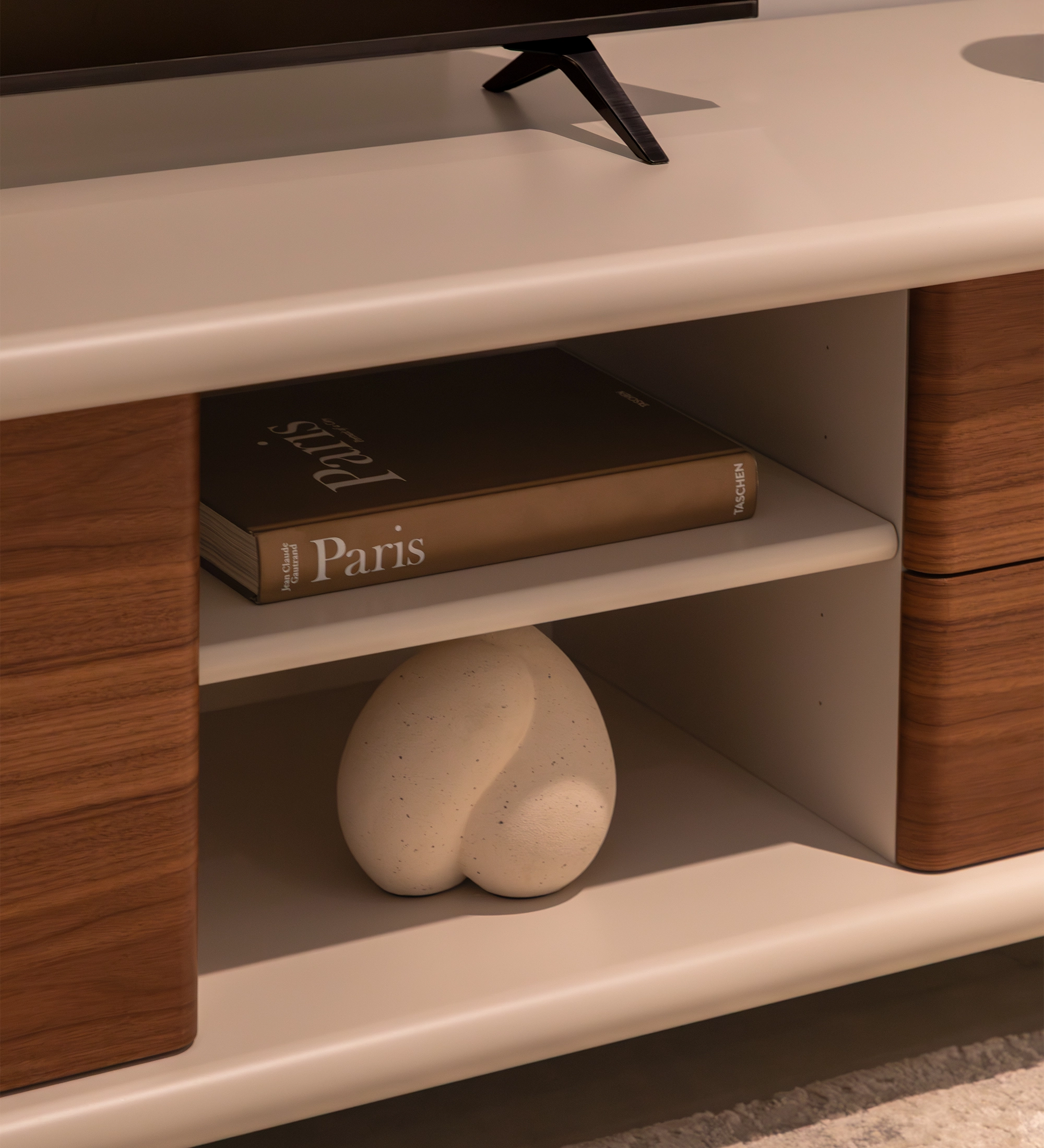 Paris TV stand 3 doors and 2 drawers in natural walnut, pearl structure.