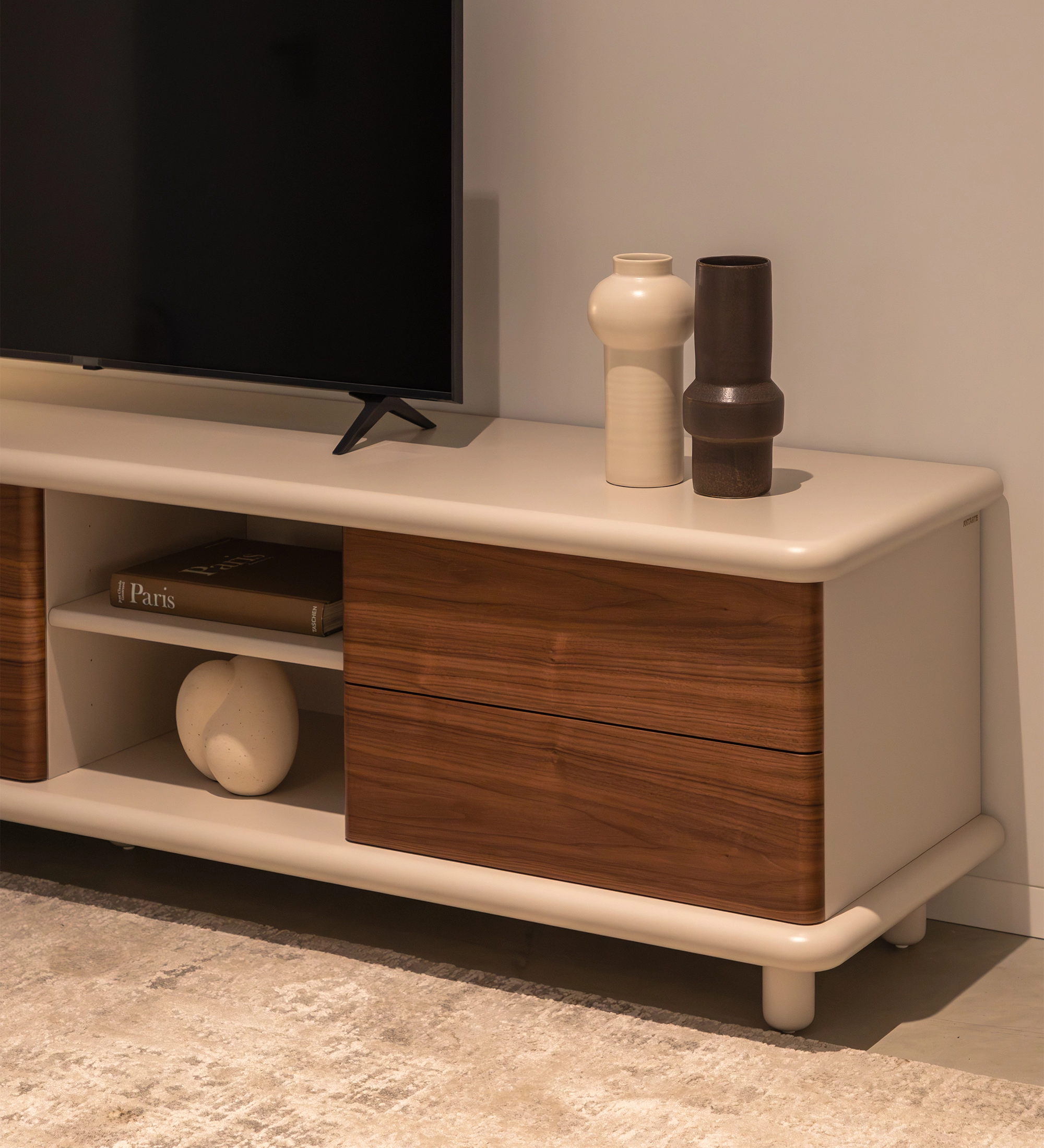 Paris TV stand 3 doors and 2 drawers in natural walnut, pearl structure.