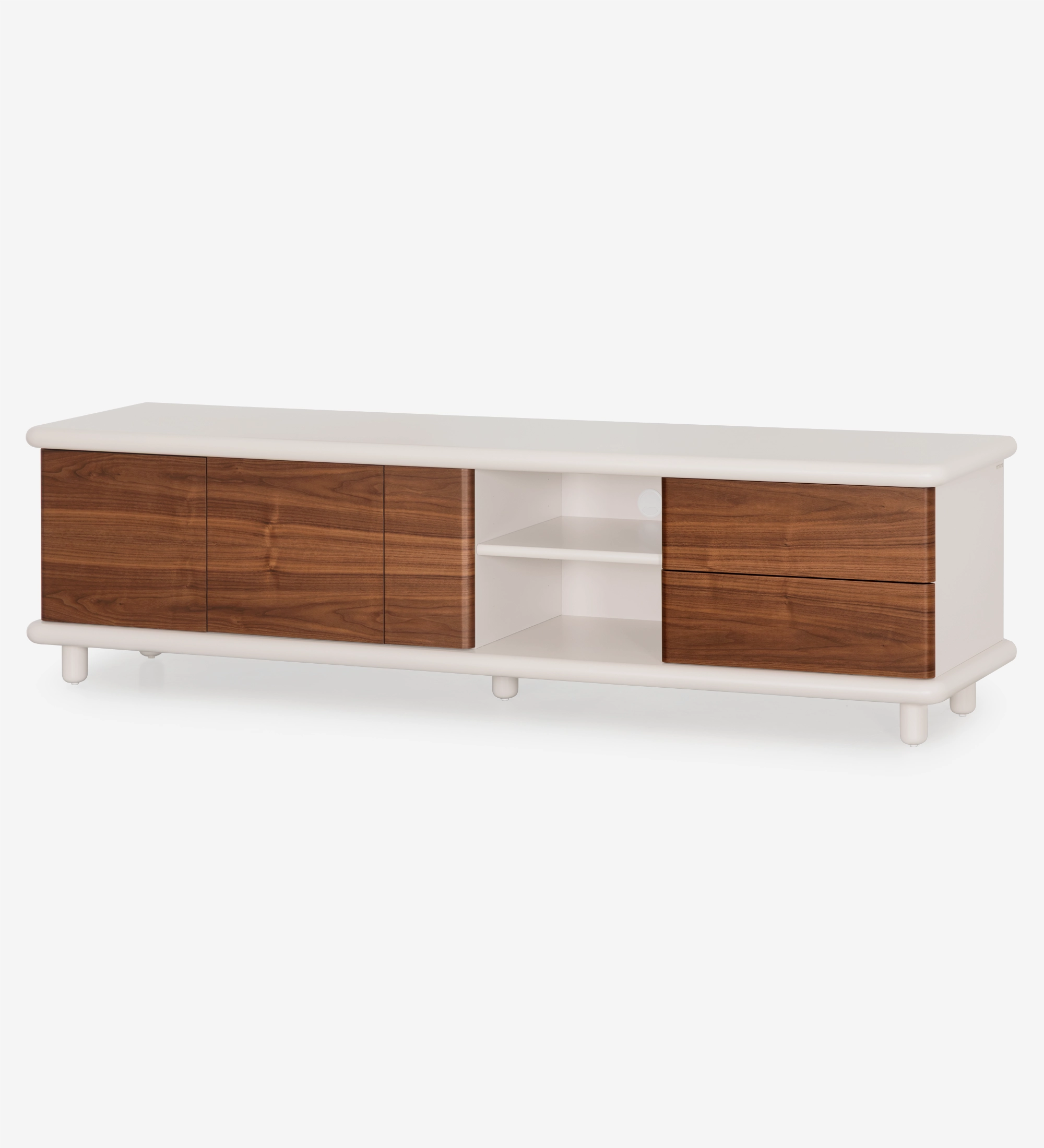 Paris TV stand 3 doors and 2 drawers in natural walnut, pearl structure.