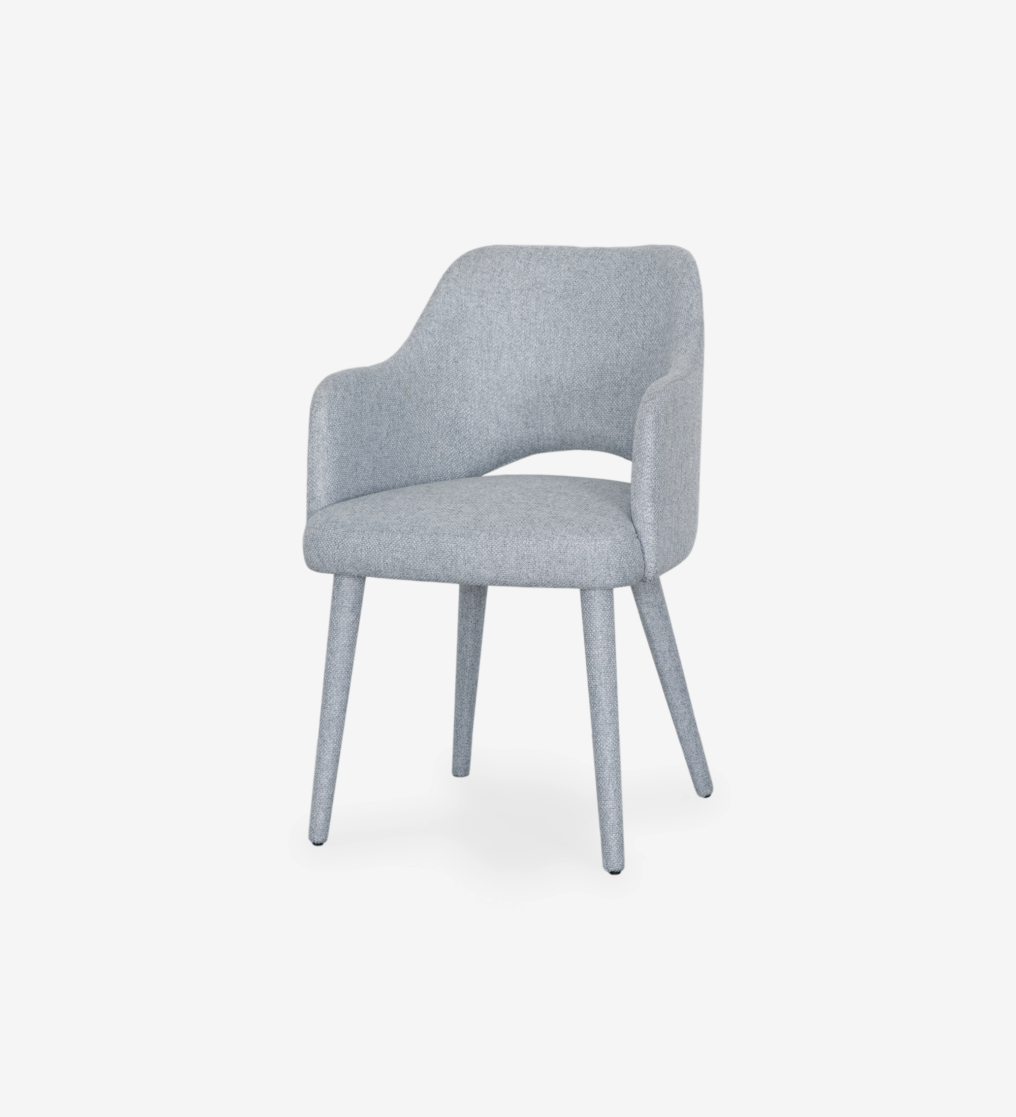 Chaise avec accoudoirs rembourrée en tissu gris.