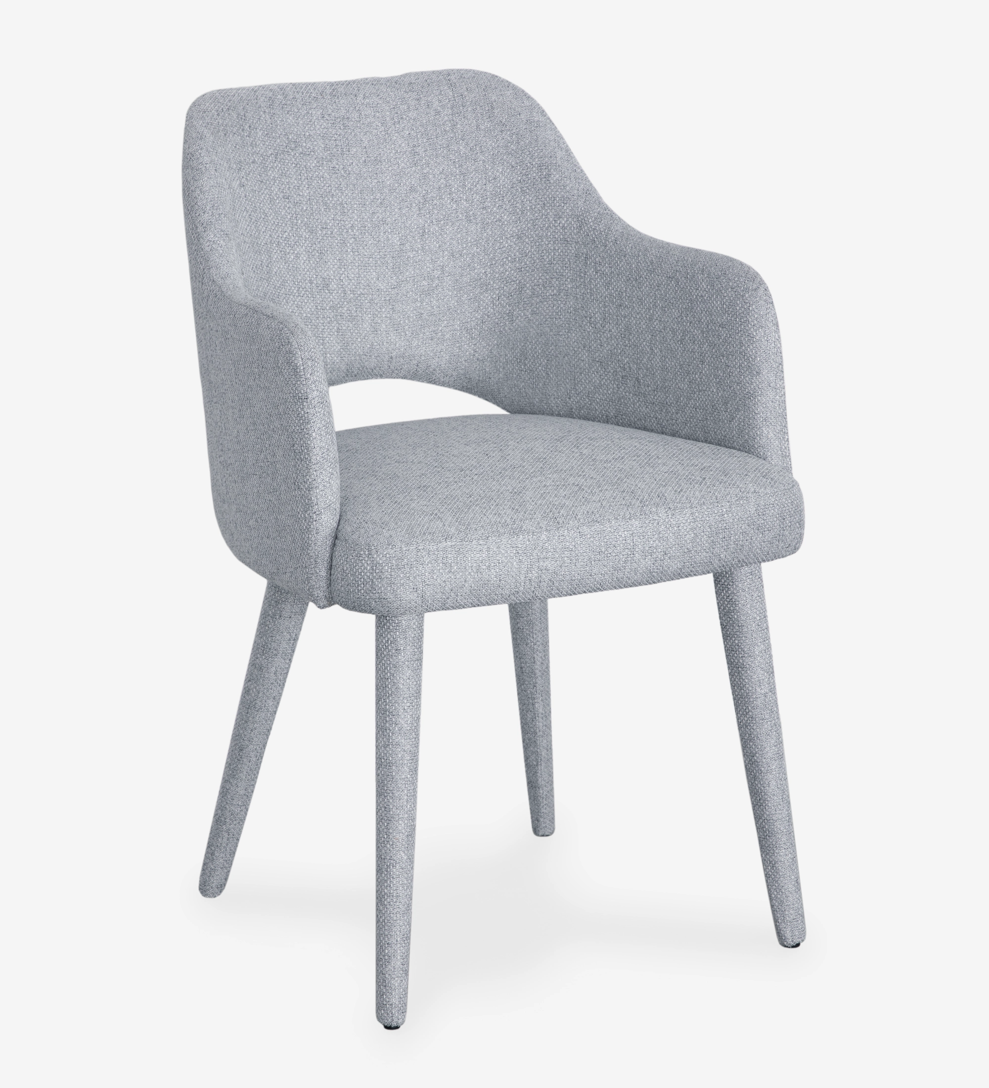 Chaise avec accoudoirs rembourrée en tissu gris.