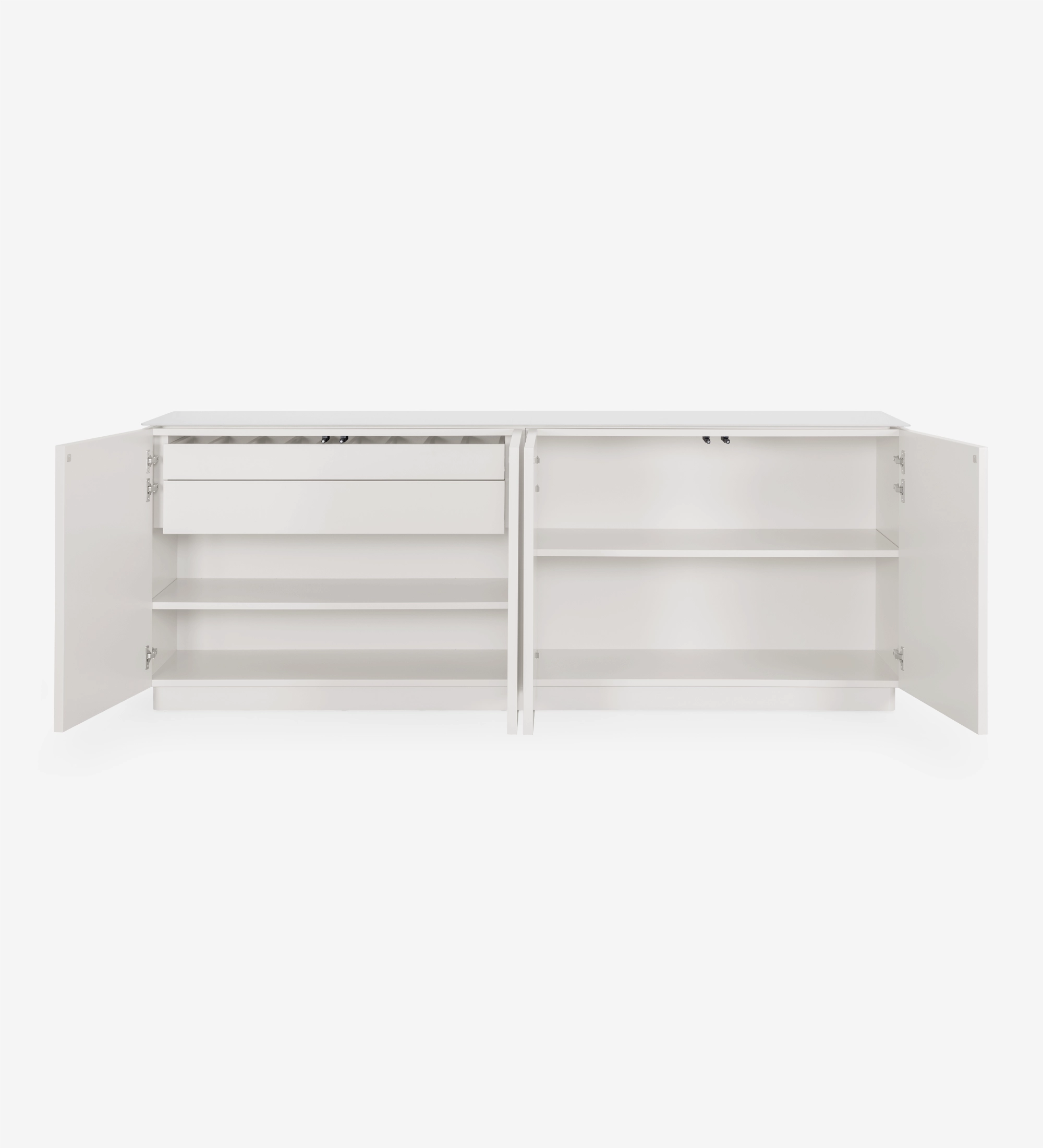 Sideboard with 4 doors and pearl lacquered structure, Calacatta marble ceramic top and cutlery drawer.