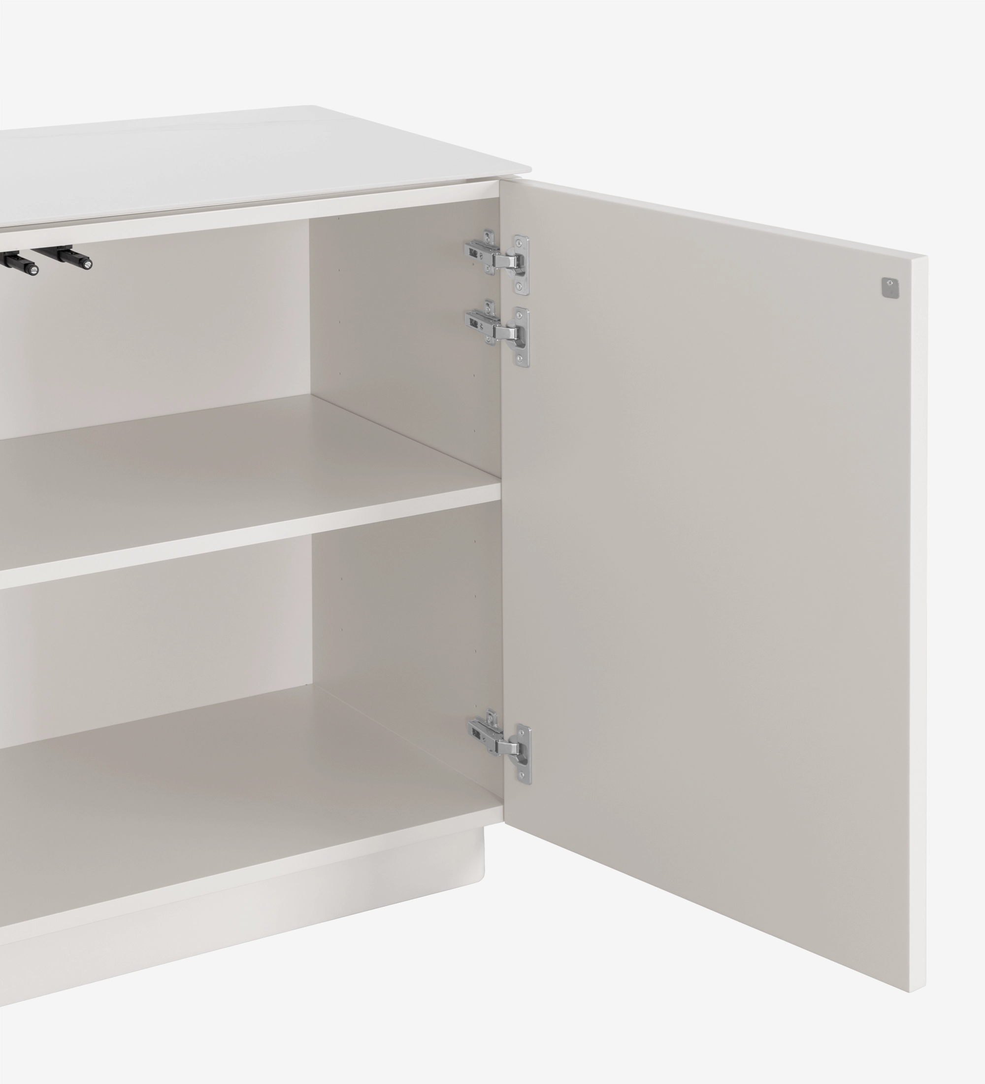 Sideboard with 4 doors and pearl lacquered structure, Calacatta marble ceramic top and cutlery drawer.