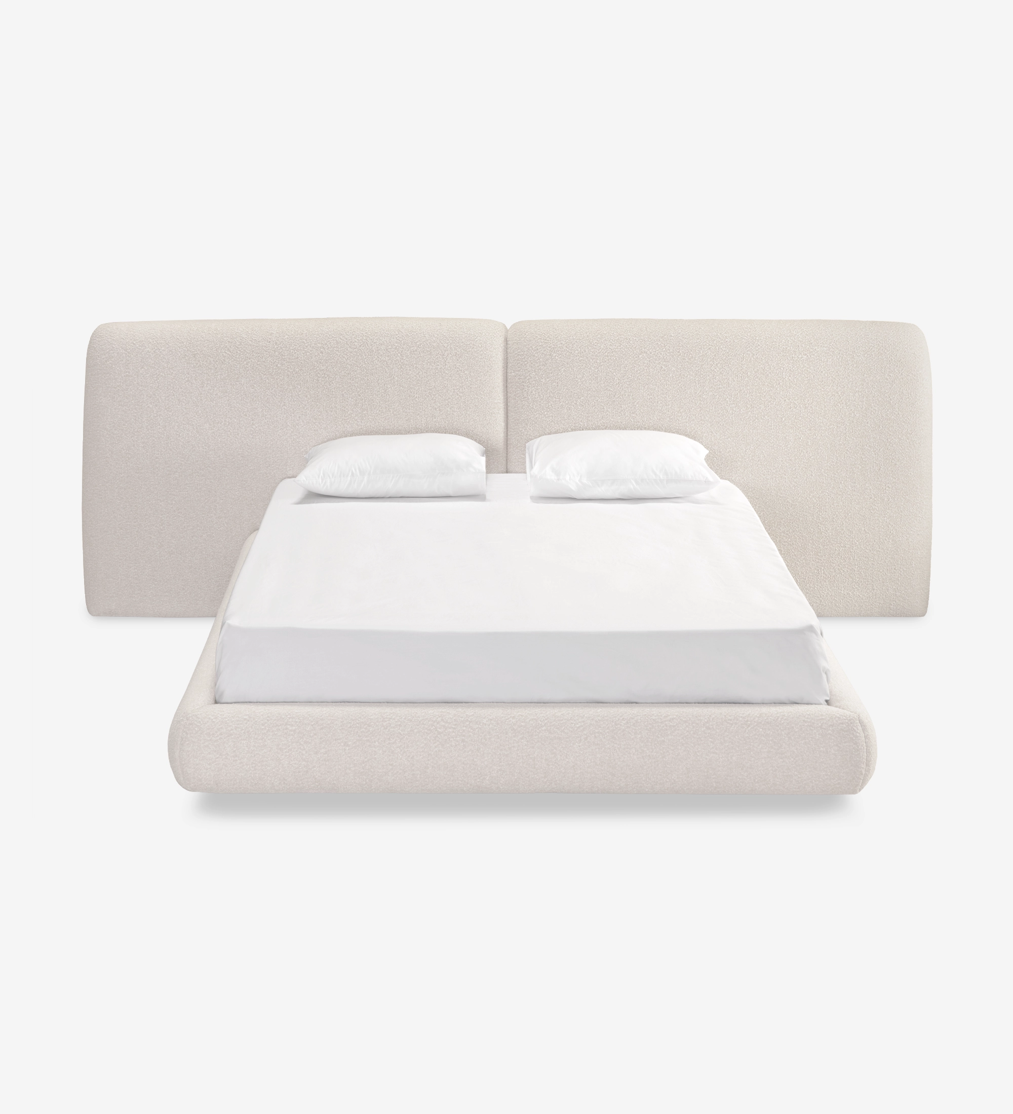 Cama Doble Paris tapizada beige con cabecero curvo y colchón blanco