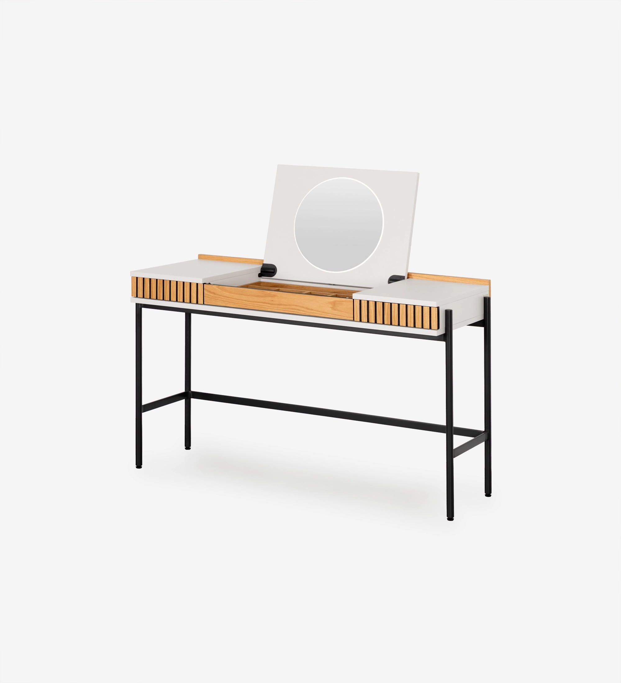 Toucador Cannes branco e madeira com espelho redondo e pernas metálicas pretas