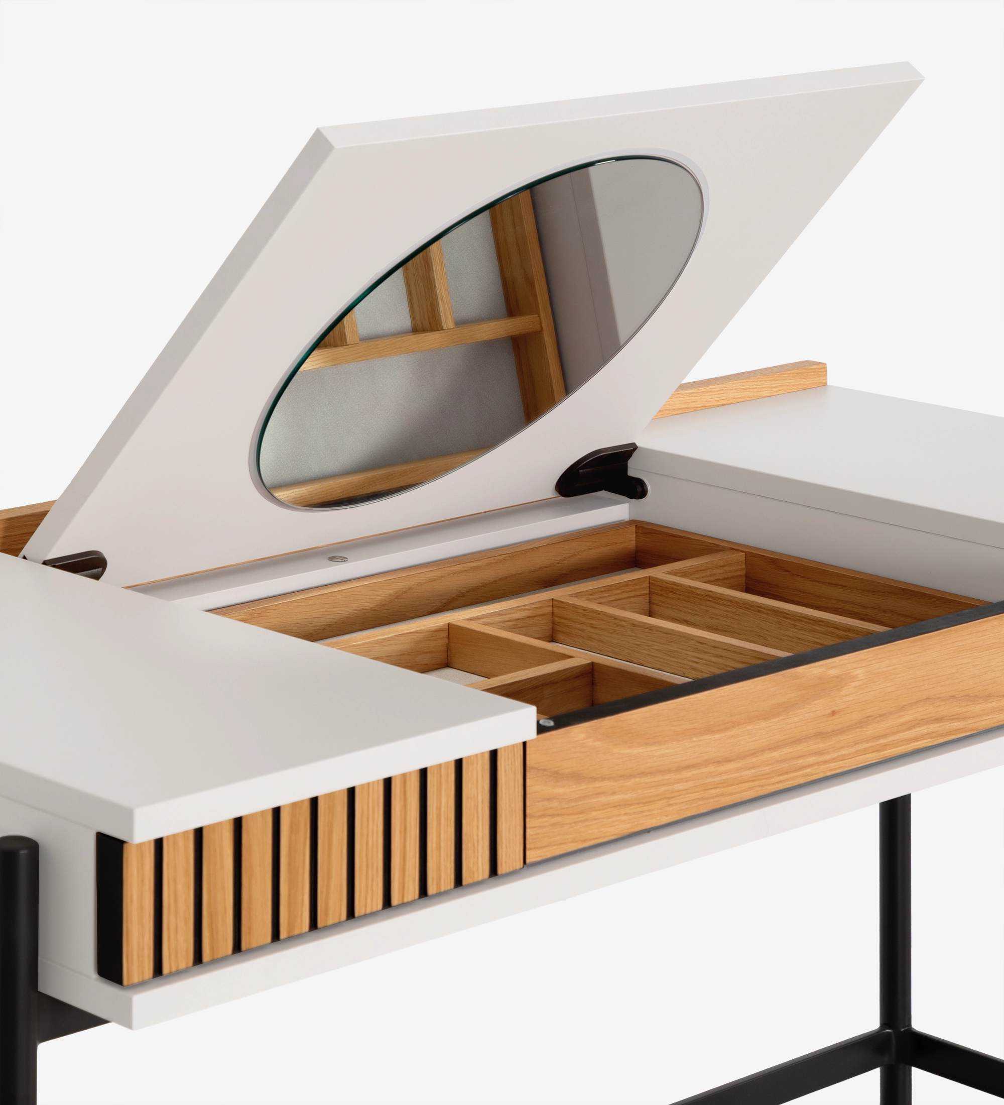 Toucador Cannes com tampo elevatório, divisórias interiores e espelho oval