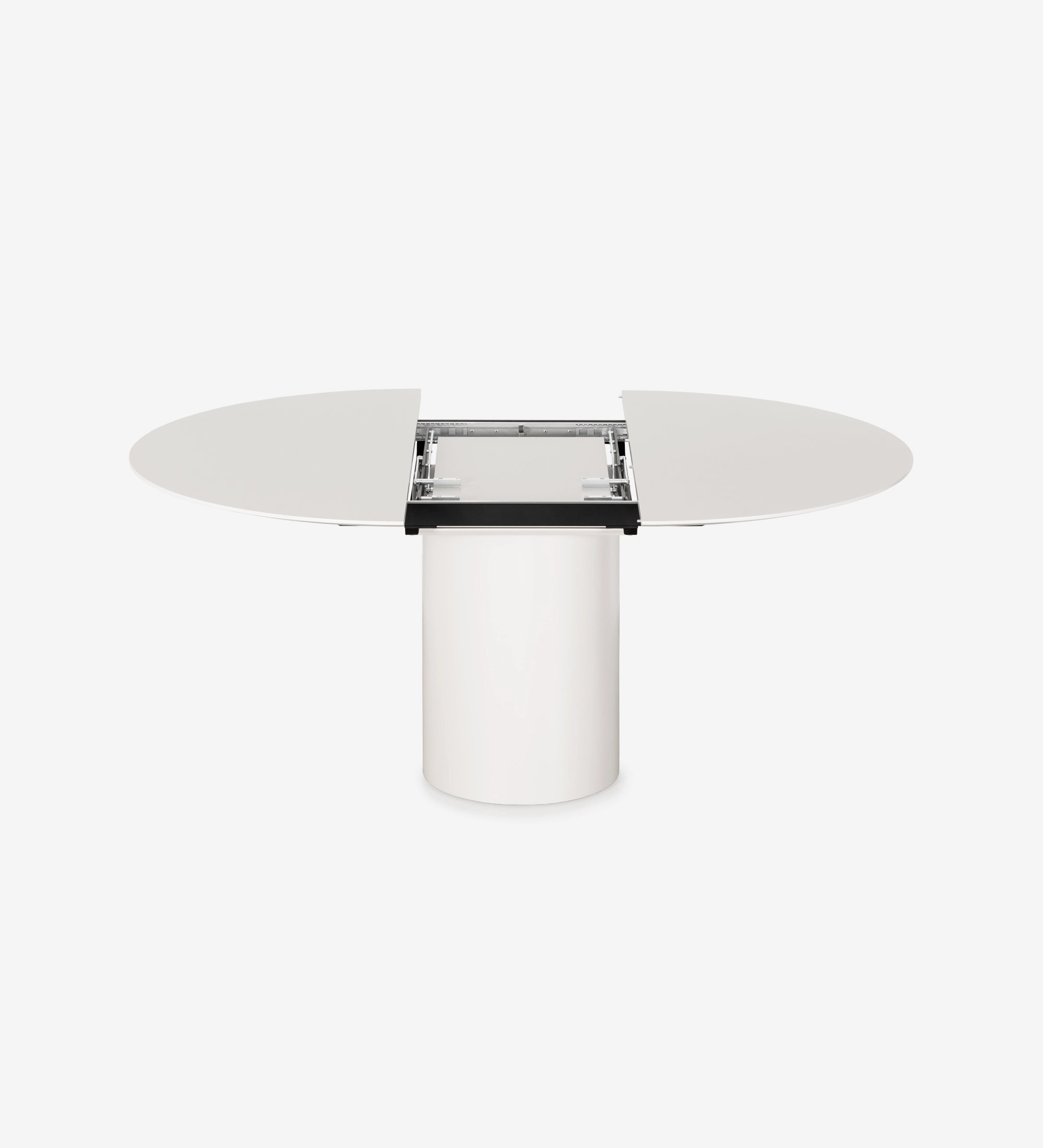 Table ronde extensible blanche avec pied cylindrique et mécanisme d'extension visible