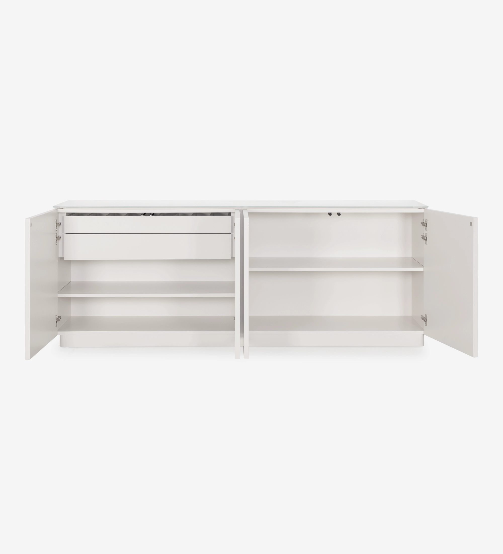 Aparador Geneve blanco con puertas abiertas y estantes interiores