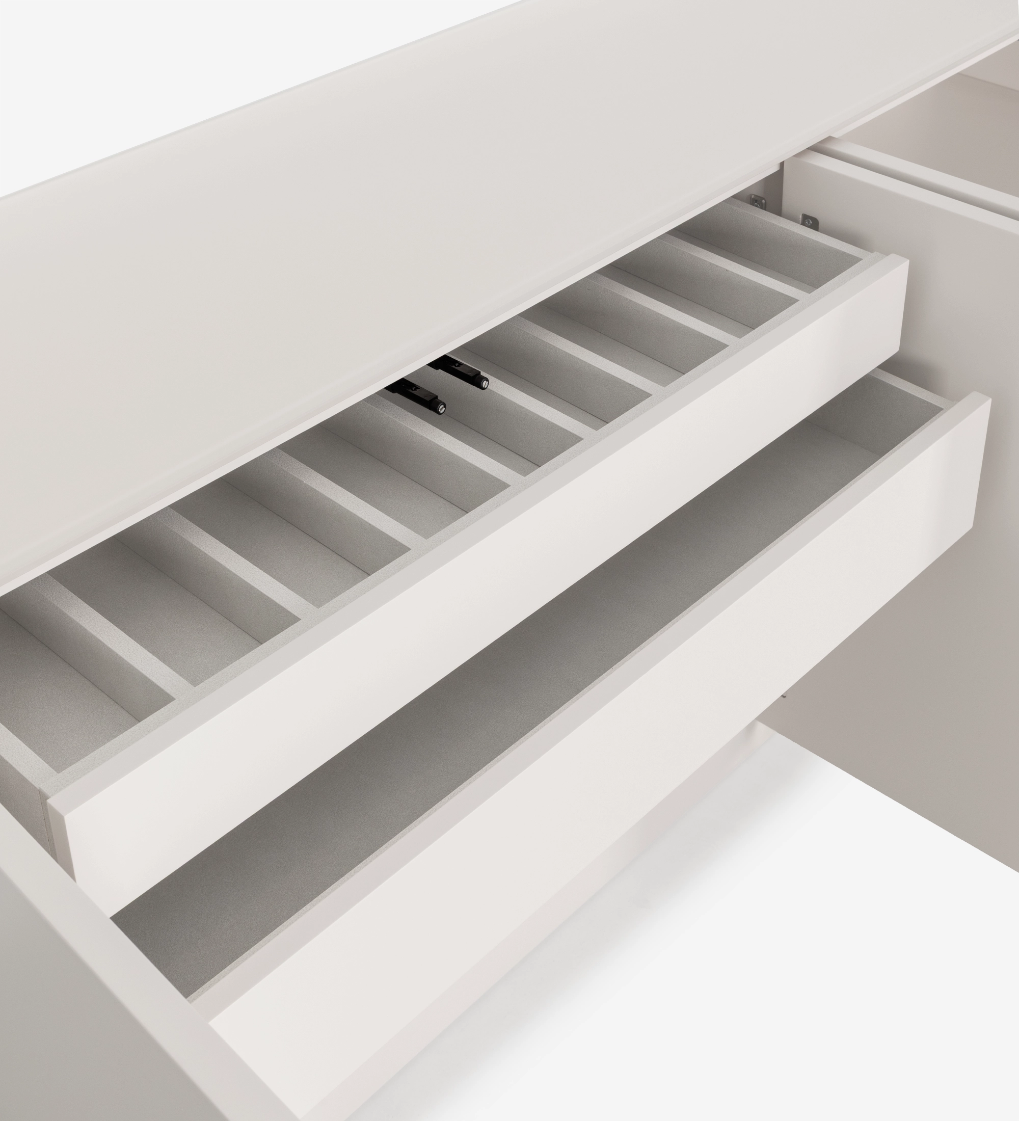 Aparador Geneve blanco, cajones abiertos con separadores para cubiertos