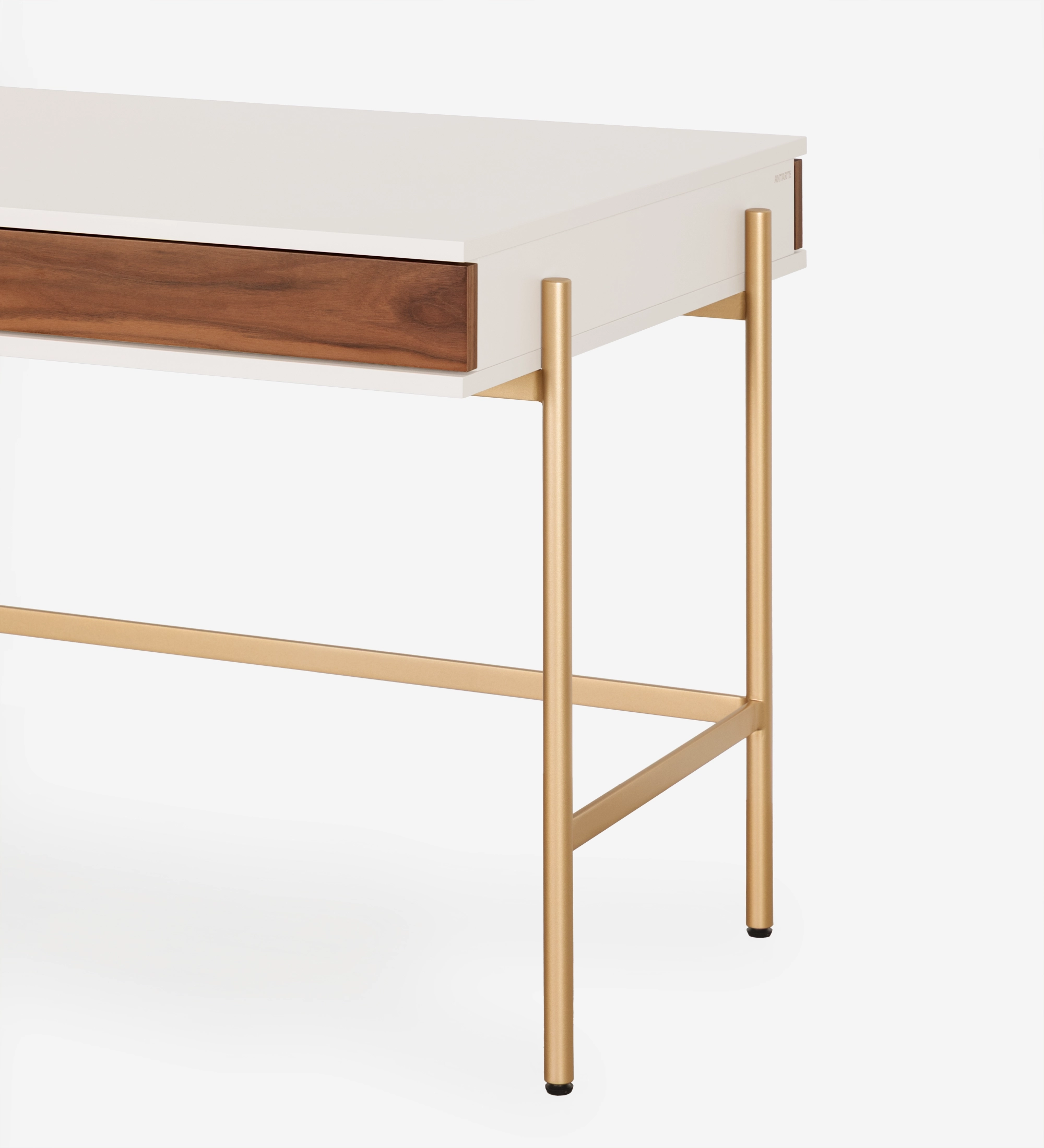 Secretária Cannes branca com gaveta em madeira e pernas metálicas douradas