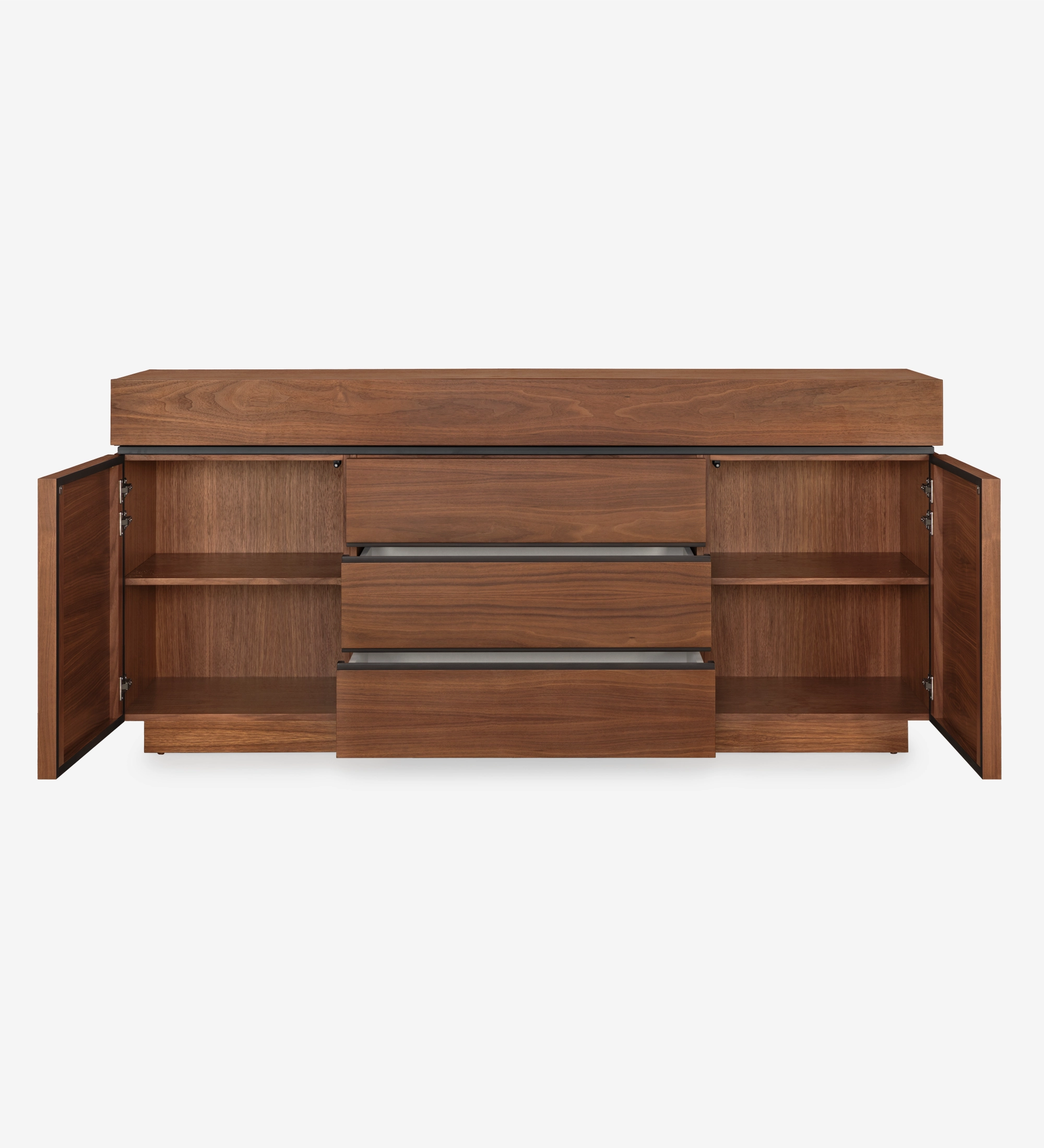 Nice Sideboard in walnut with three central drawers and open side cabinets