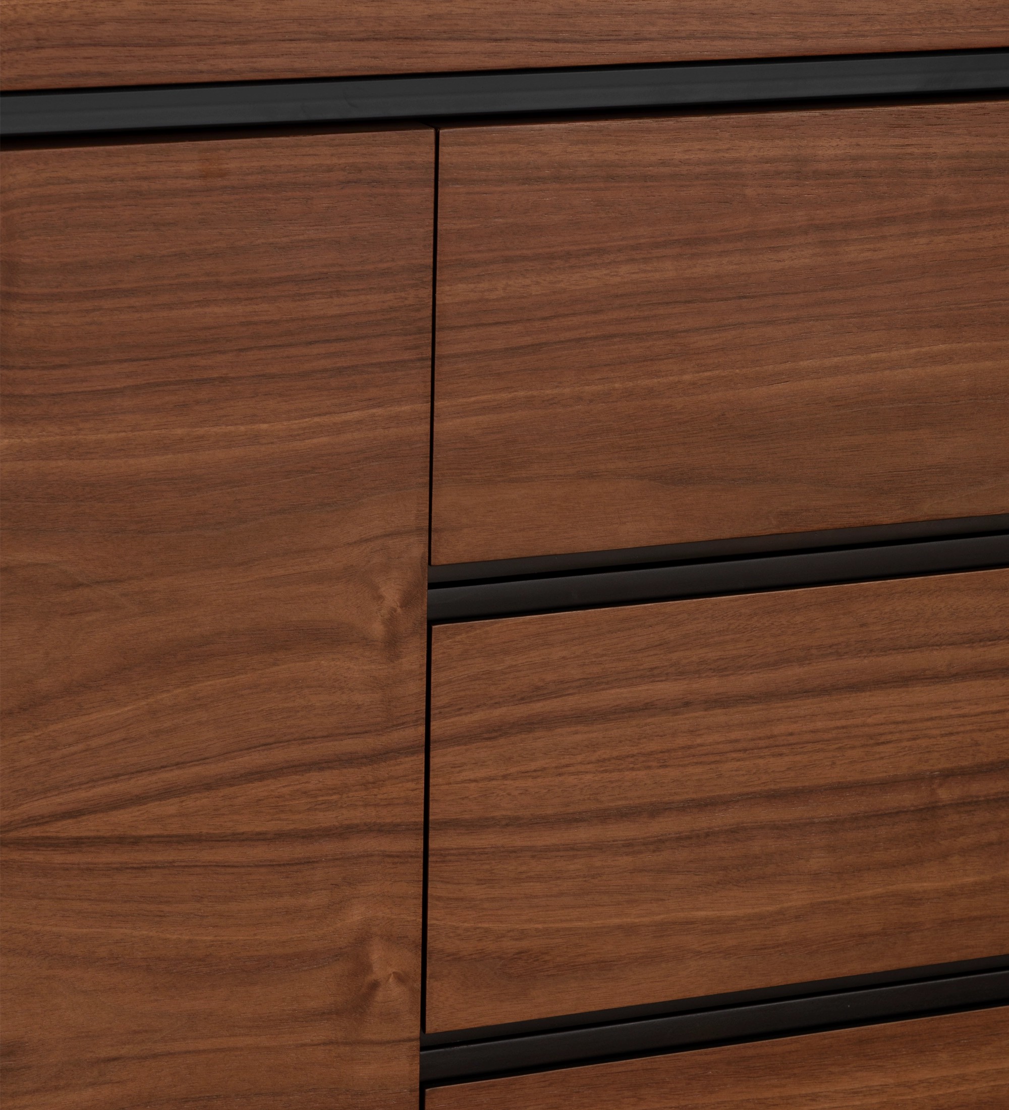 Nice Sideboard close-up of walnut finish doors and black recessed handles