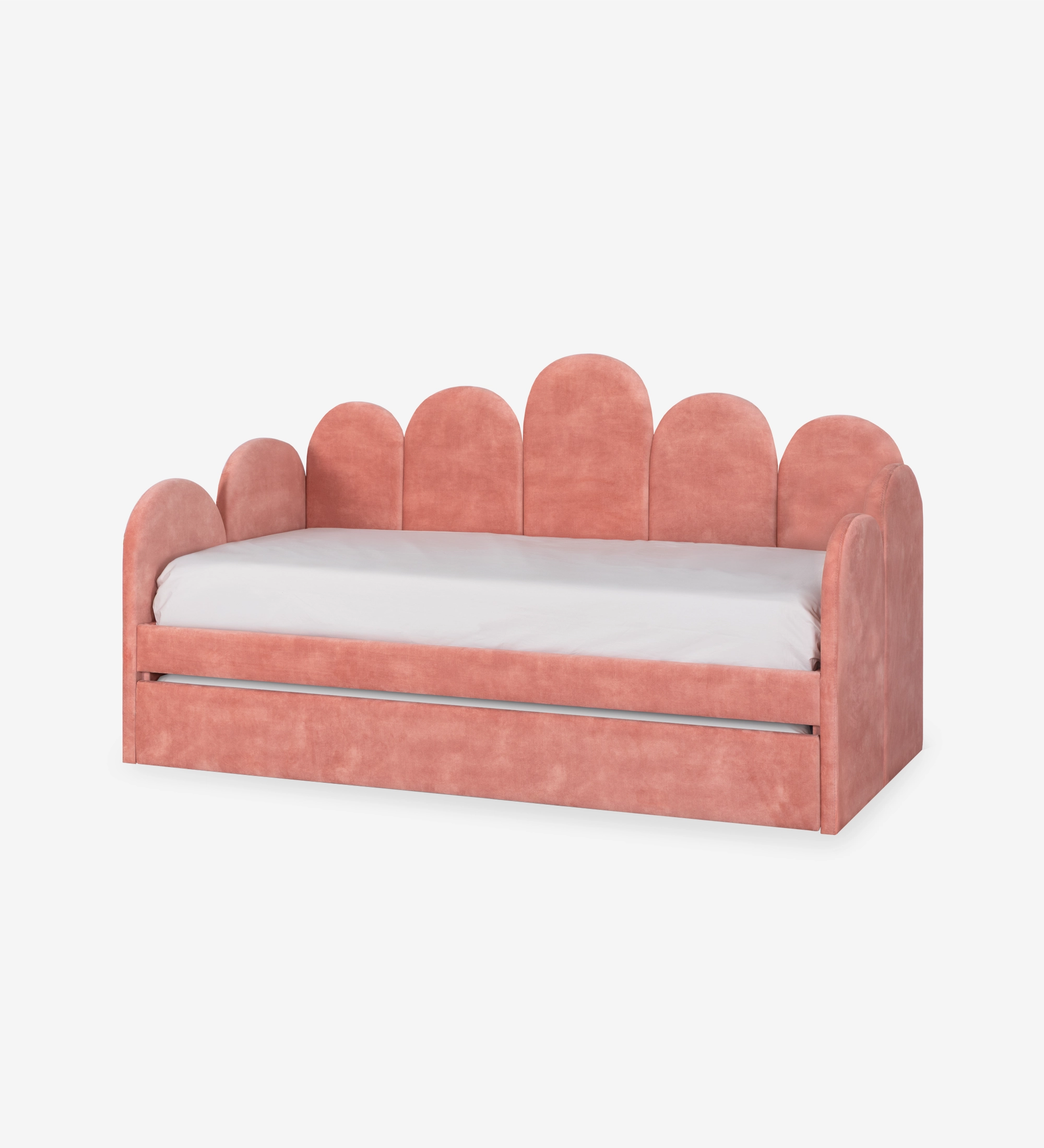 Monaco Divan Bed pink velvet single bed with scalloped headboard