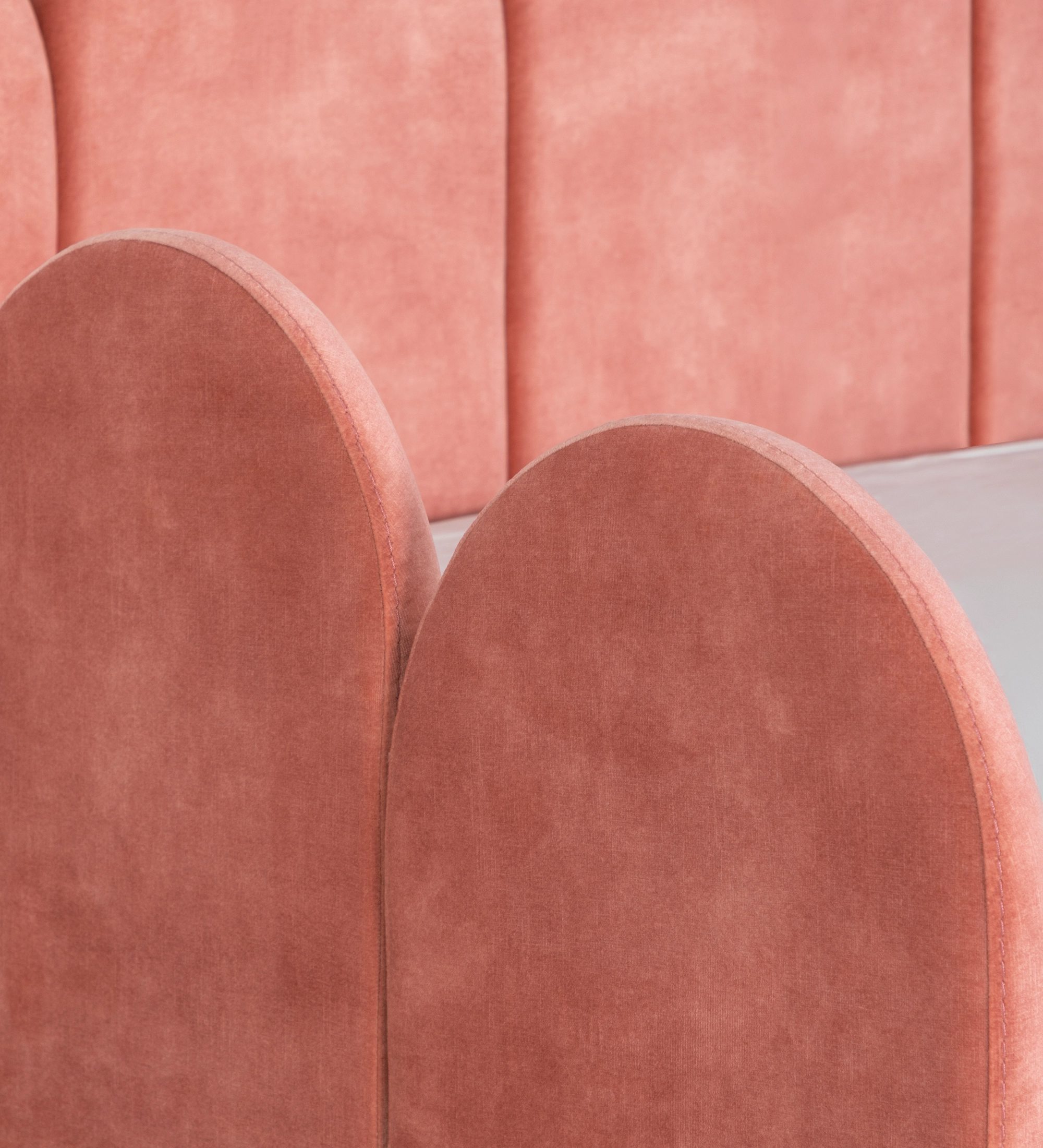 Monaco Divan Bed pink velvet scalloped headboard and rounded footboard