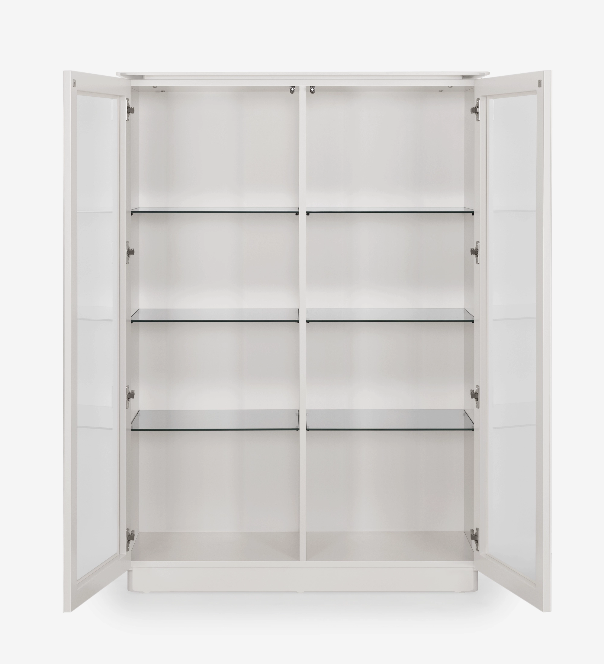 Meuble Vitrine Geneve blanc à portes vitrées ouvertes et étagères en verre