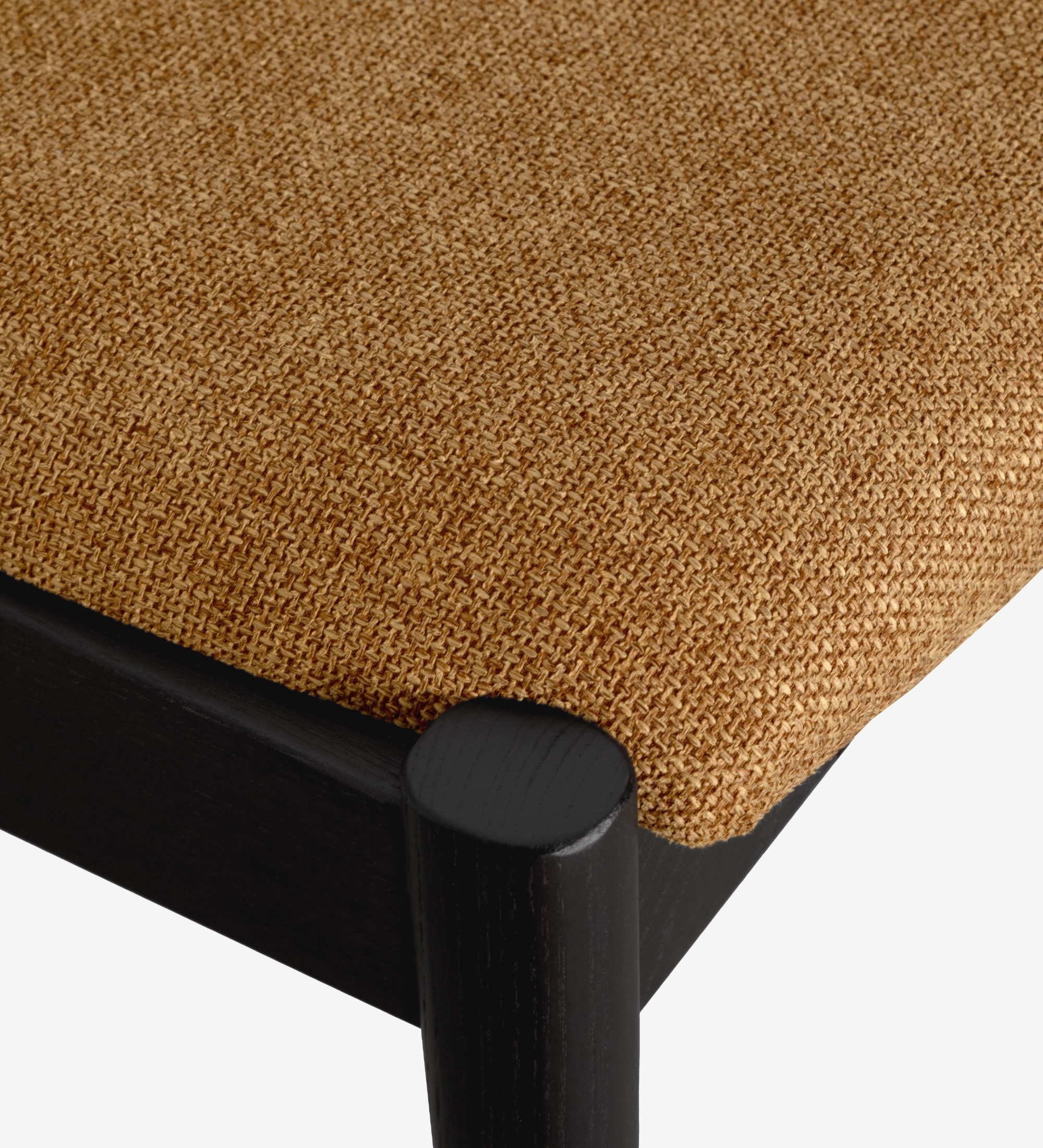 Elba Chair close-up of mustard woven seat fabric and dark wood corner leg