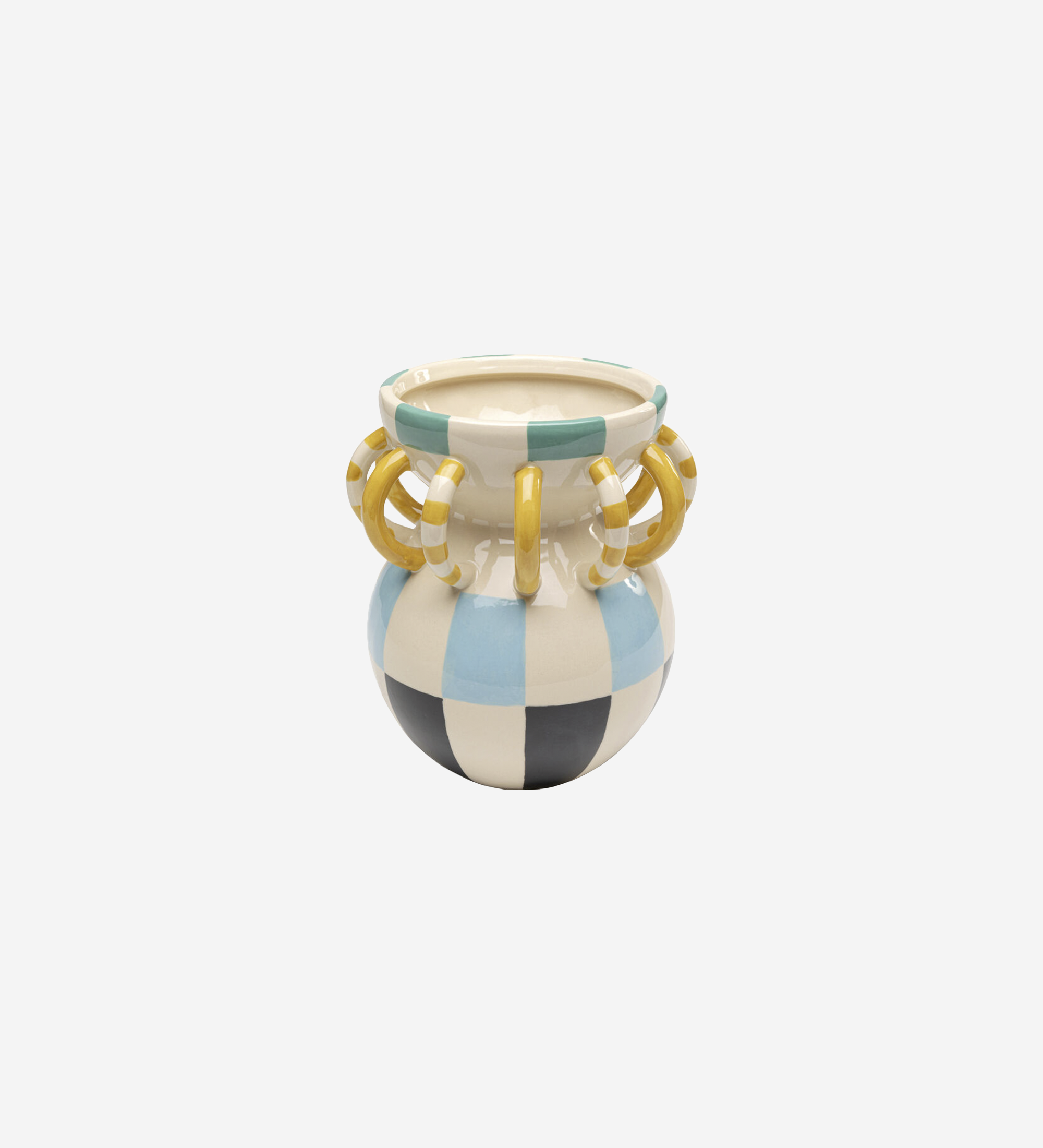 Jarra cerâmica com padrão harlequin azul, preto e creme e argolas amarelas no gargalo