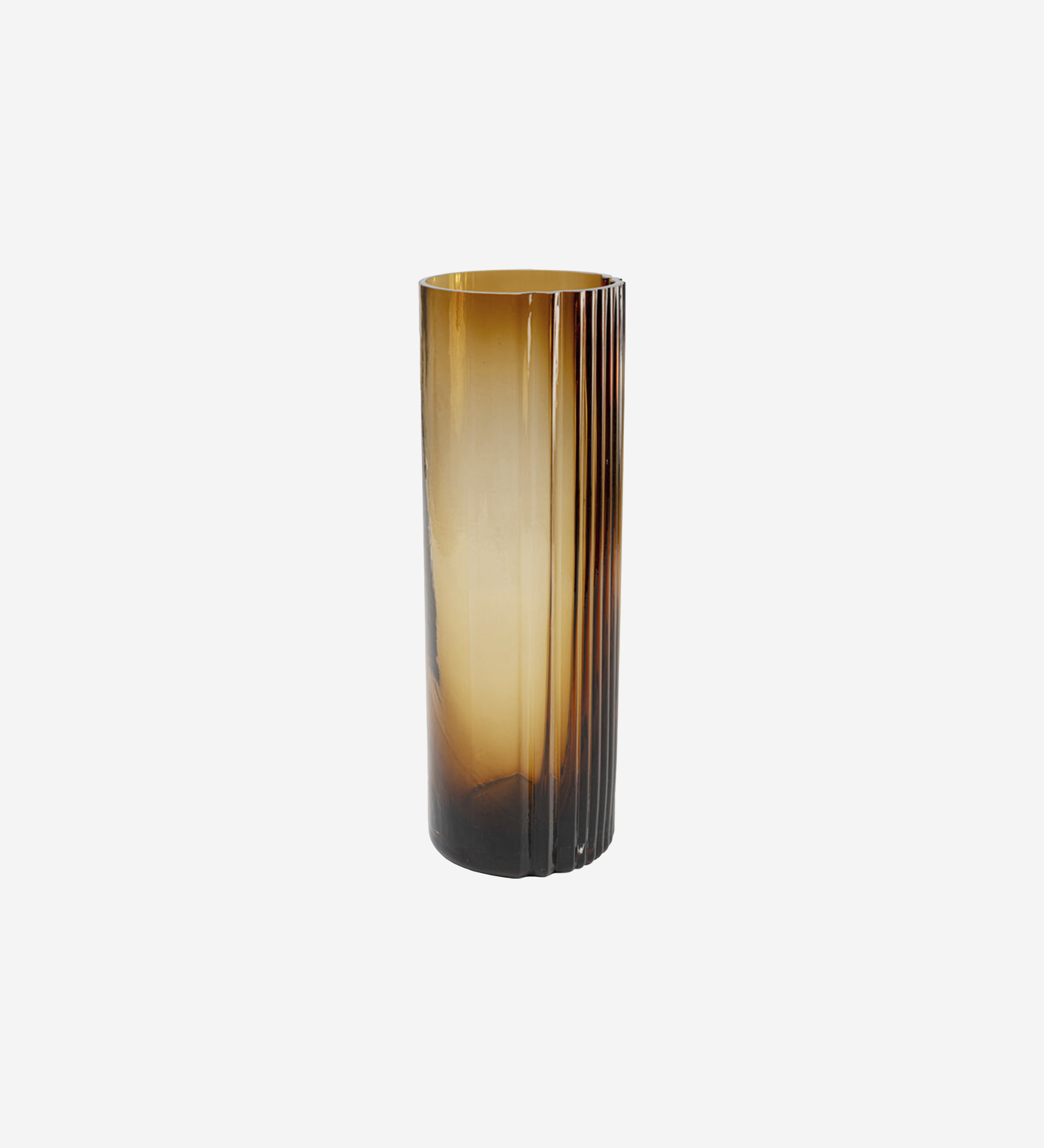 Daphne Vase, tall amber glass cylinder with vertical ribbed side
