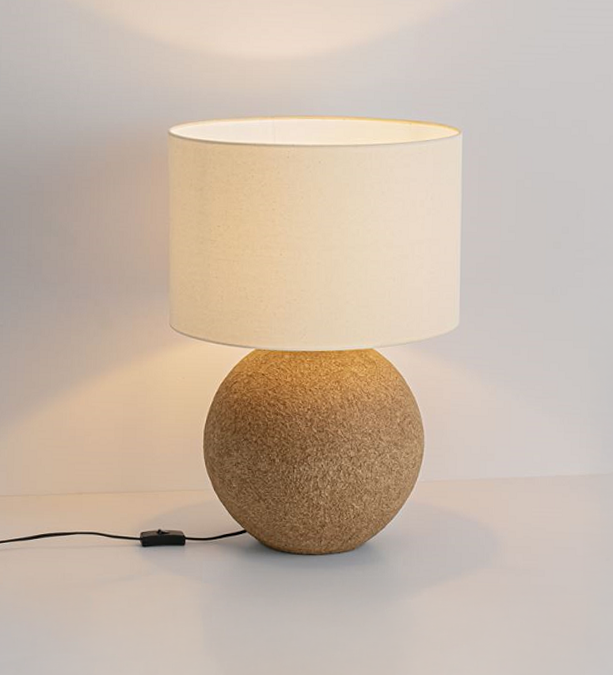 Lagos Table Lamp with spherical cork base and white drum shade