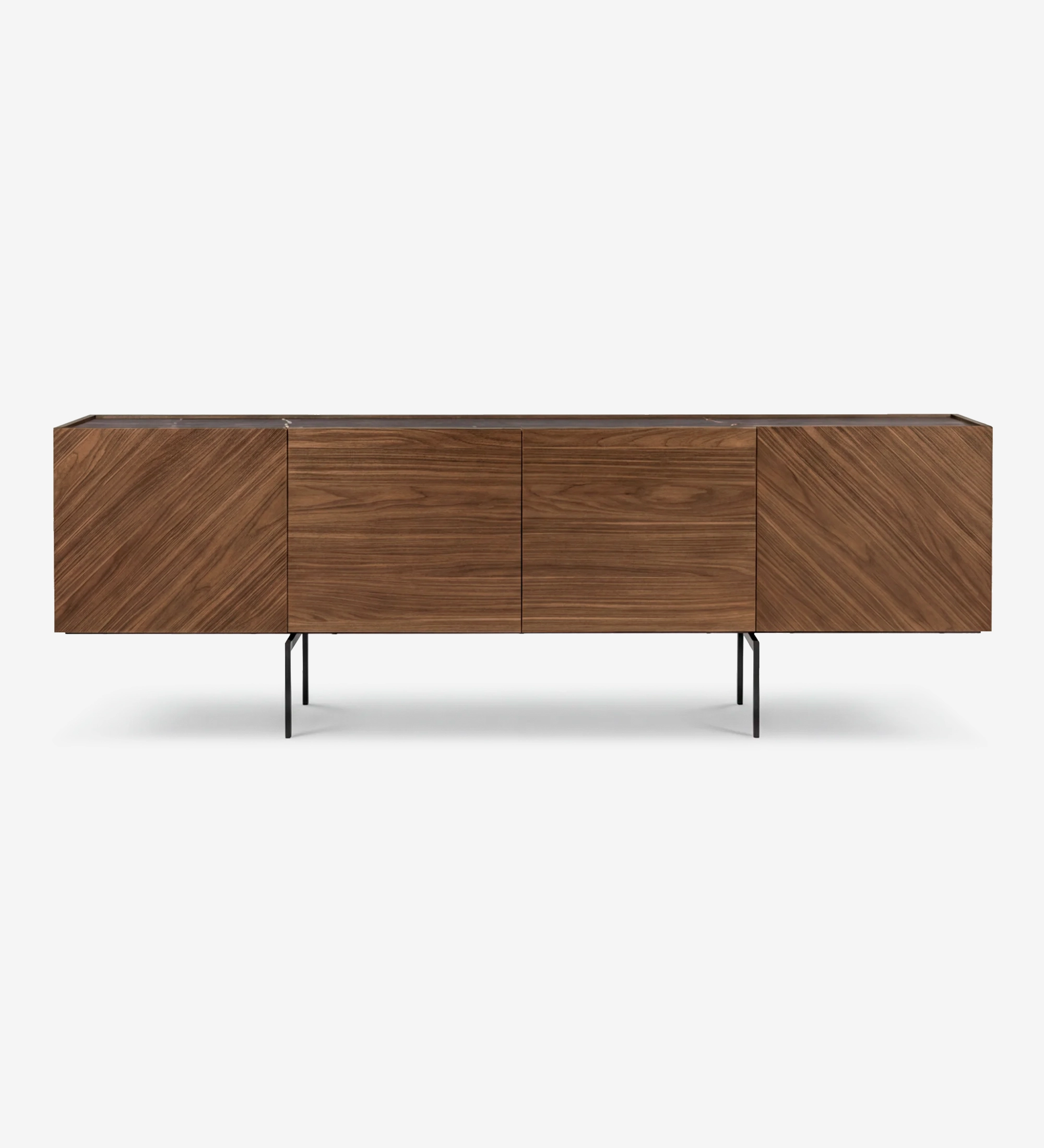 Lagos Sideboard walnut finish with chevron wood grain doors and black metal legs