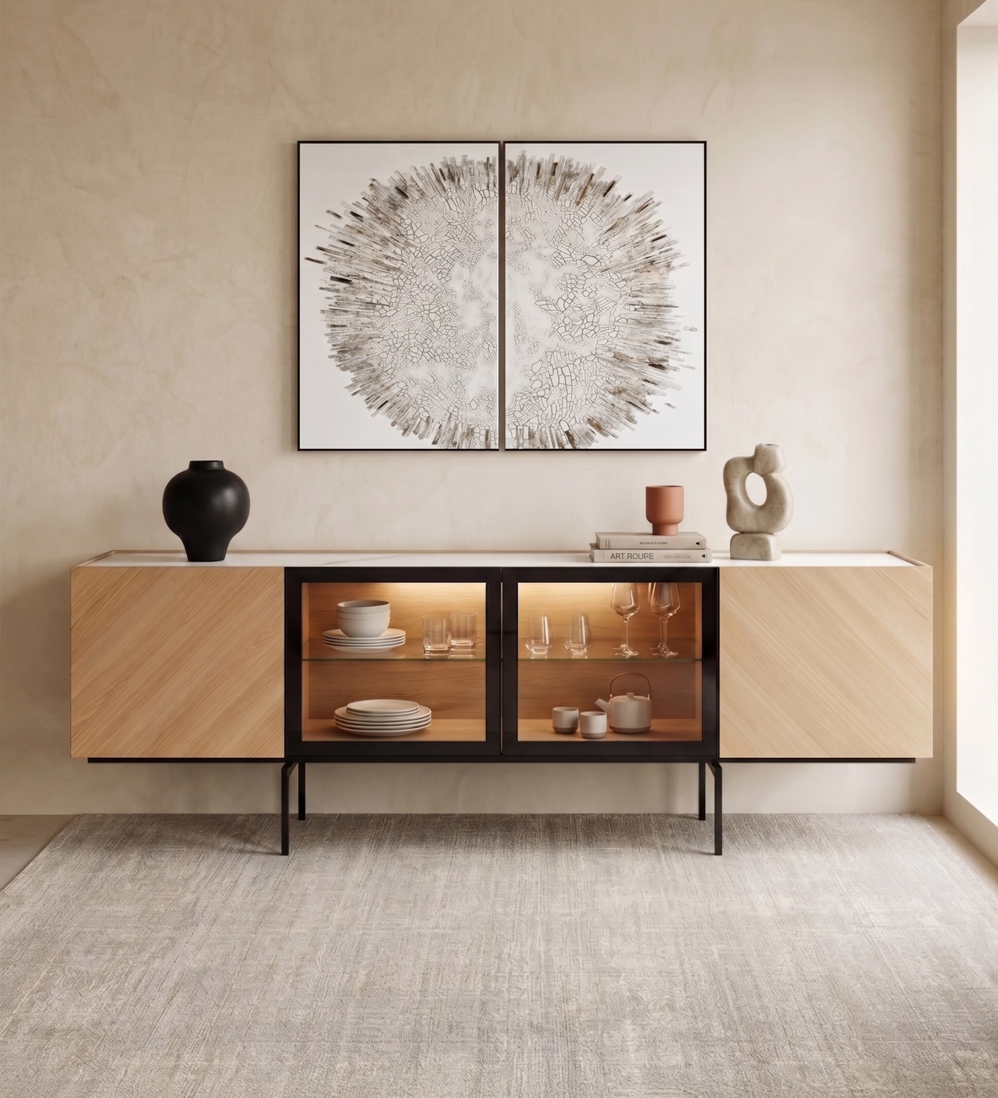 Buffet Lagos en bois clair avec vitrines centrales et pieds métalliques