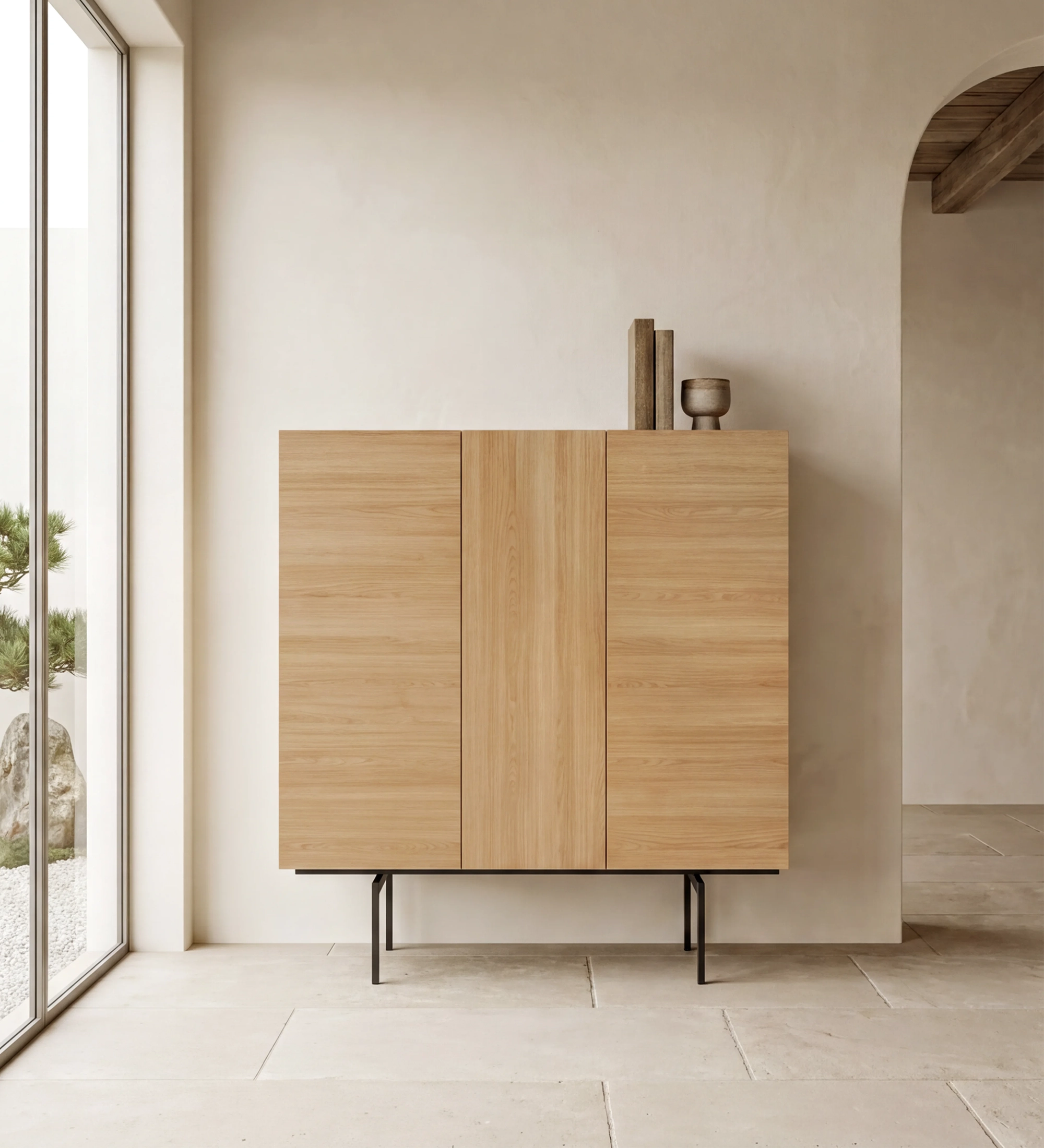 Lagos Cupboard wooden cabinet with three doors and black metal legs in neutral dining room