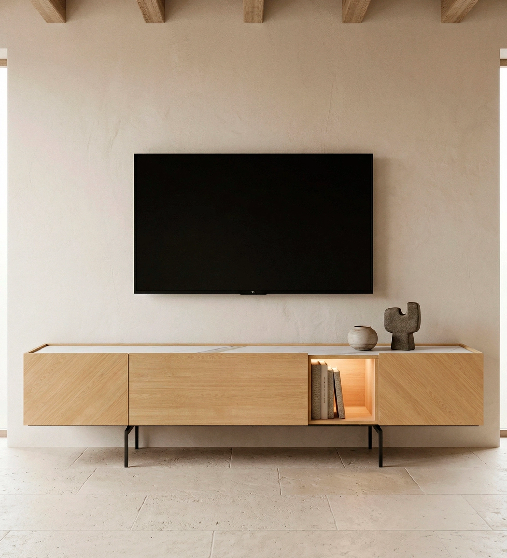 Móvel TV Lagos suspenso em madeira clara com nicho iluminado e TV de ecrã plano