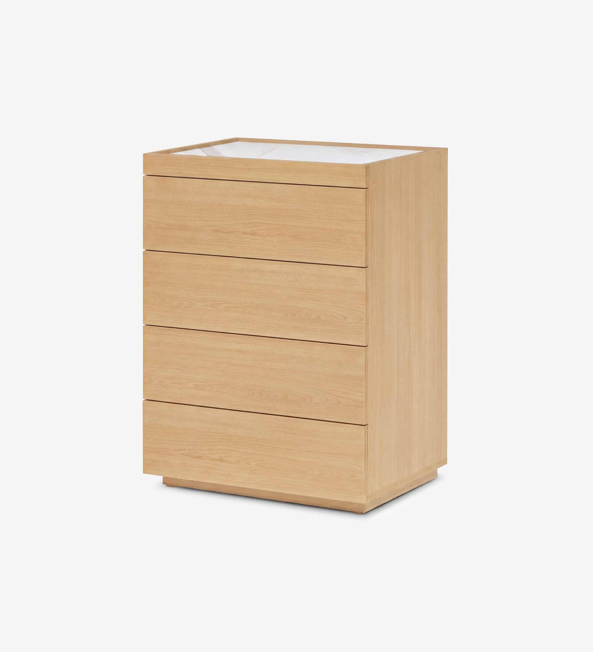 Commode haute en bois clair à cinq tiroirs avec plateau supérieur blanc