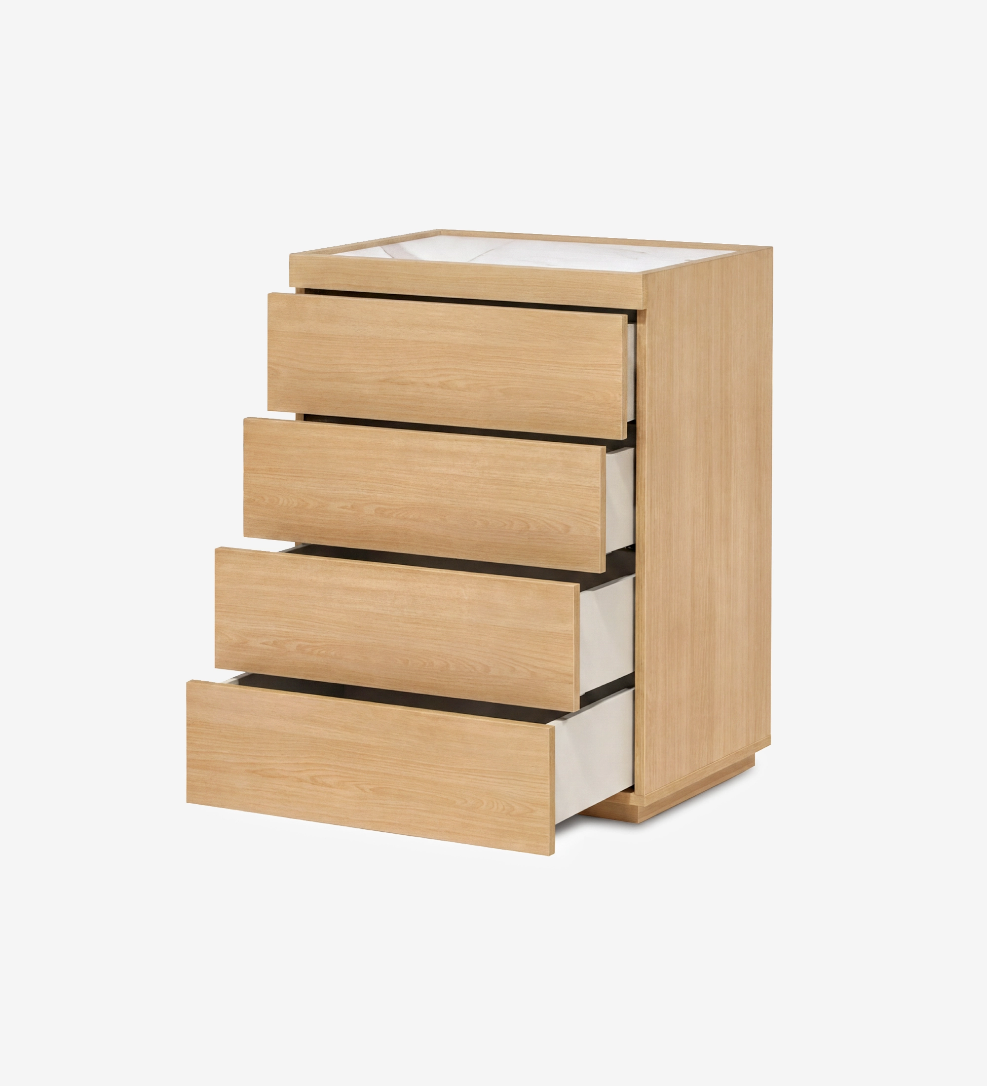 Chiffonnier Lagos en bois clair à quatre tiroirs, trois ouverts