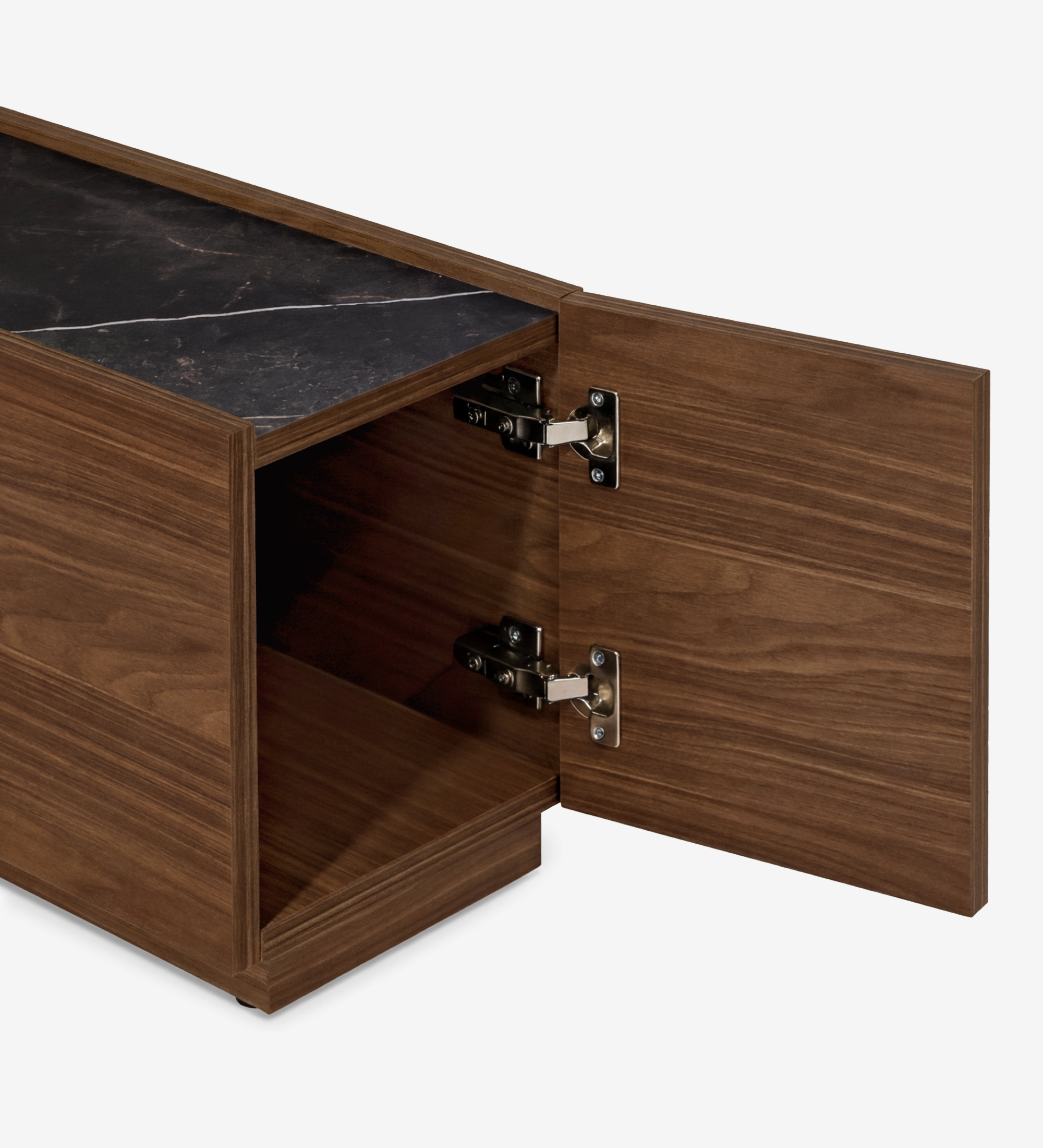 Móvel de Apoio Lagos em madeira com tampo tipo mármore e porta aberta