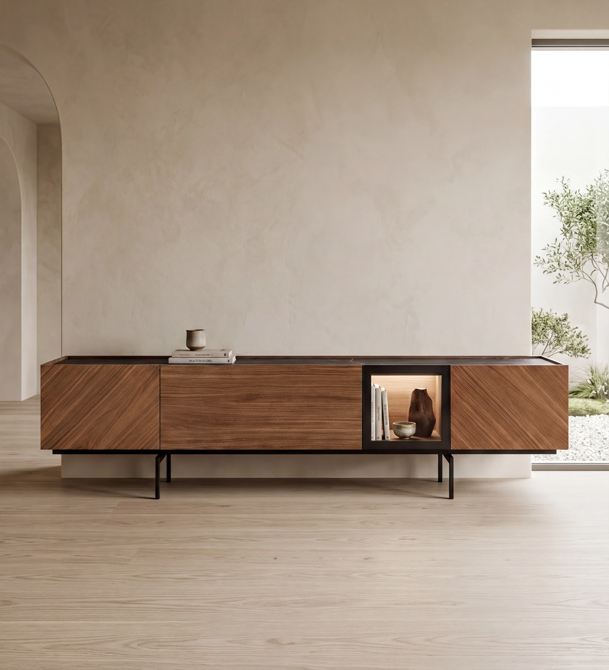 Meuble TV Lagos en bois avec niche éclairée et pieds métalliques