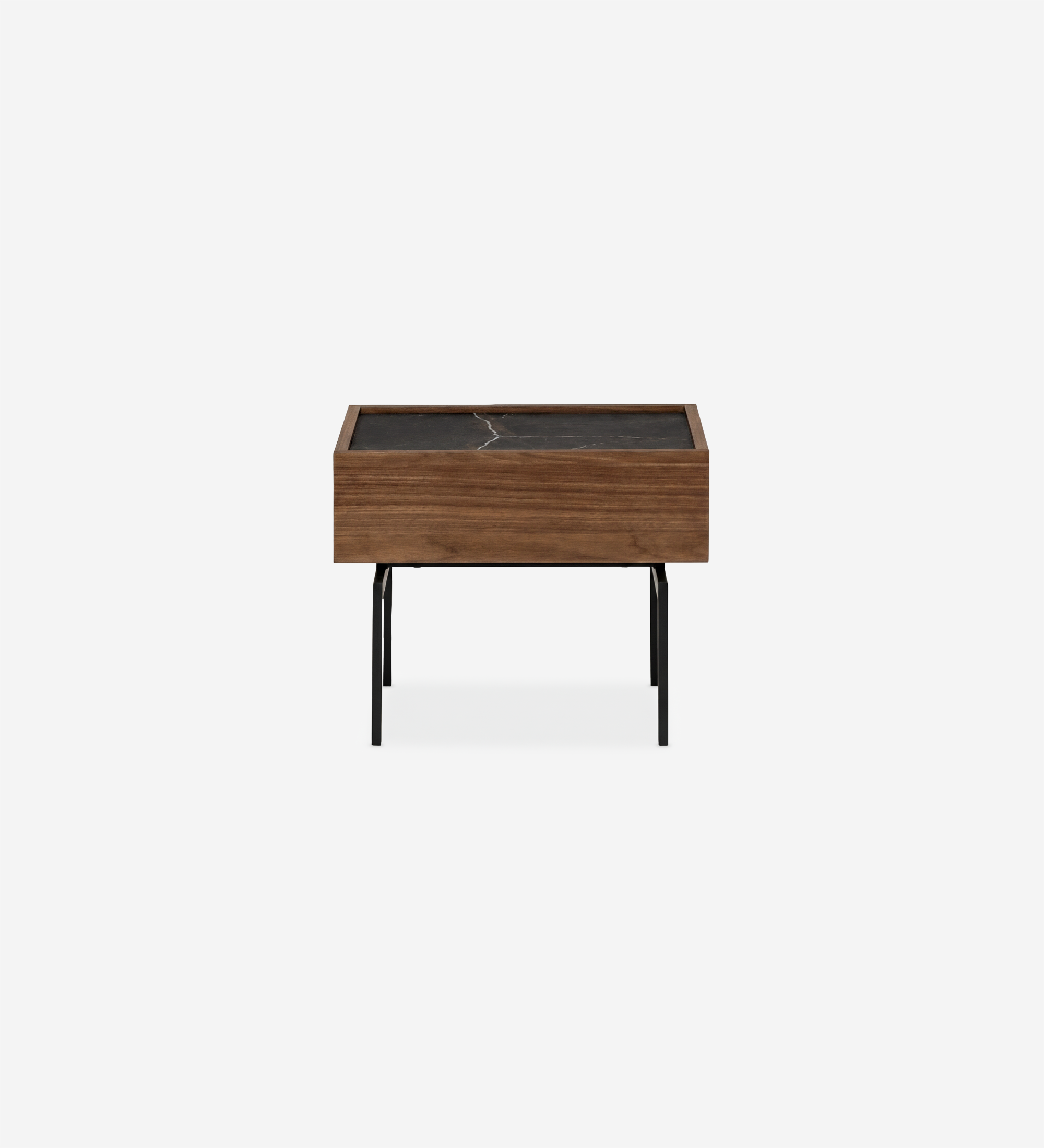 Lagos Bedside Table with walnut drawer, black marble top and slim black metal legs