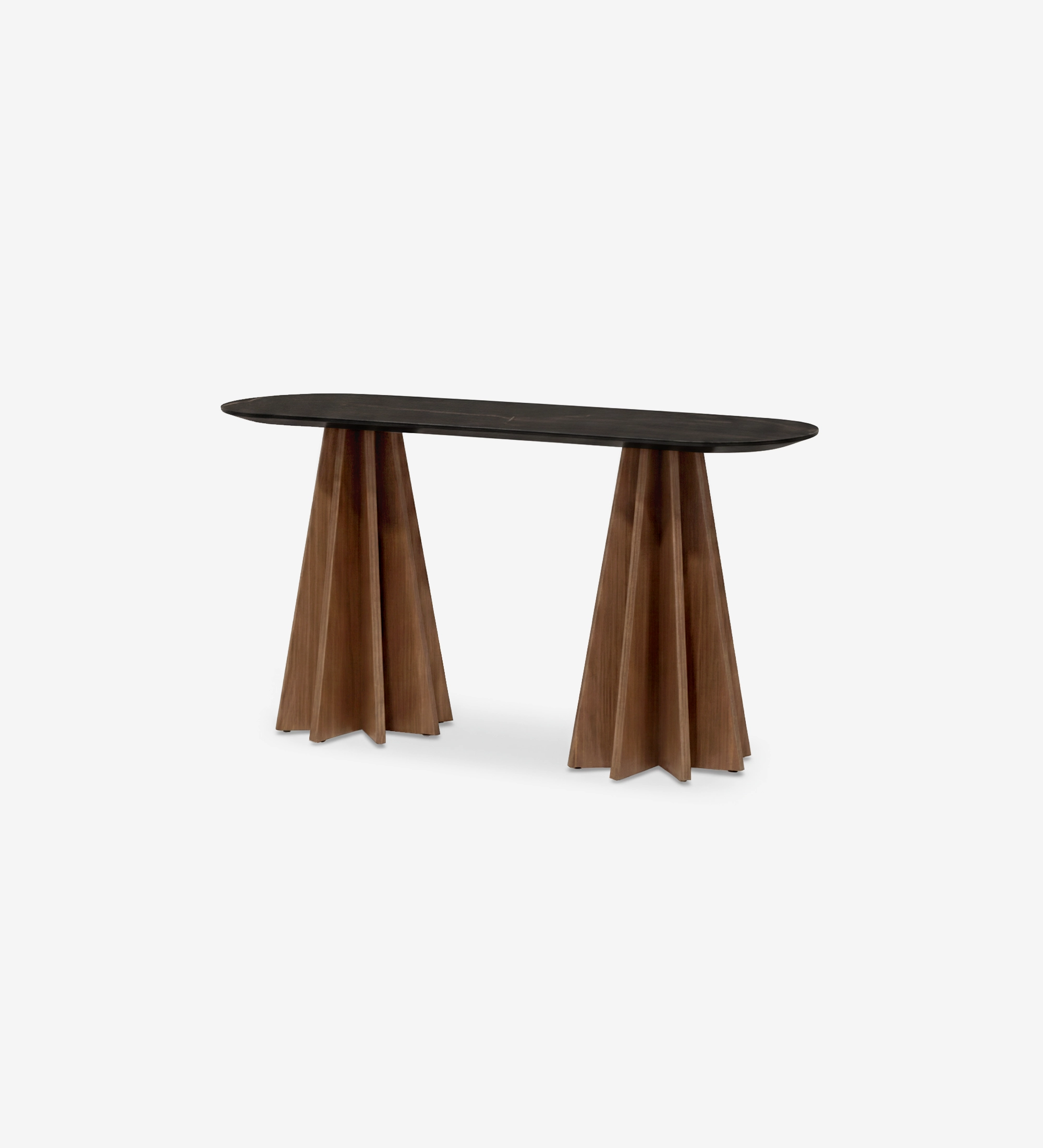 Lagos Console with oval dark top and two sculpted wooden pedestal bases