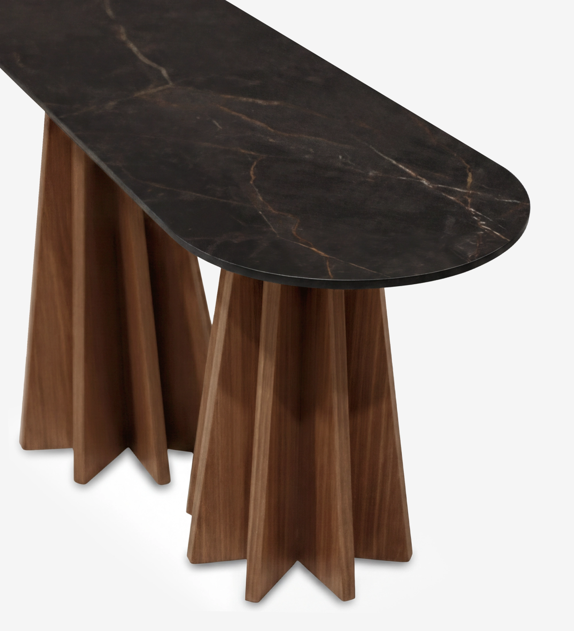 Lagos Console with black marble top and sculptural walnut pedestal base