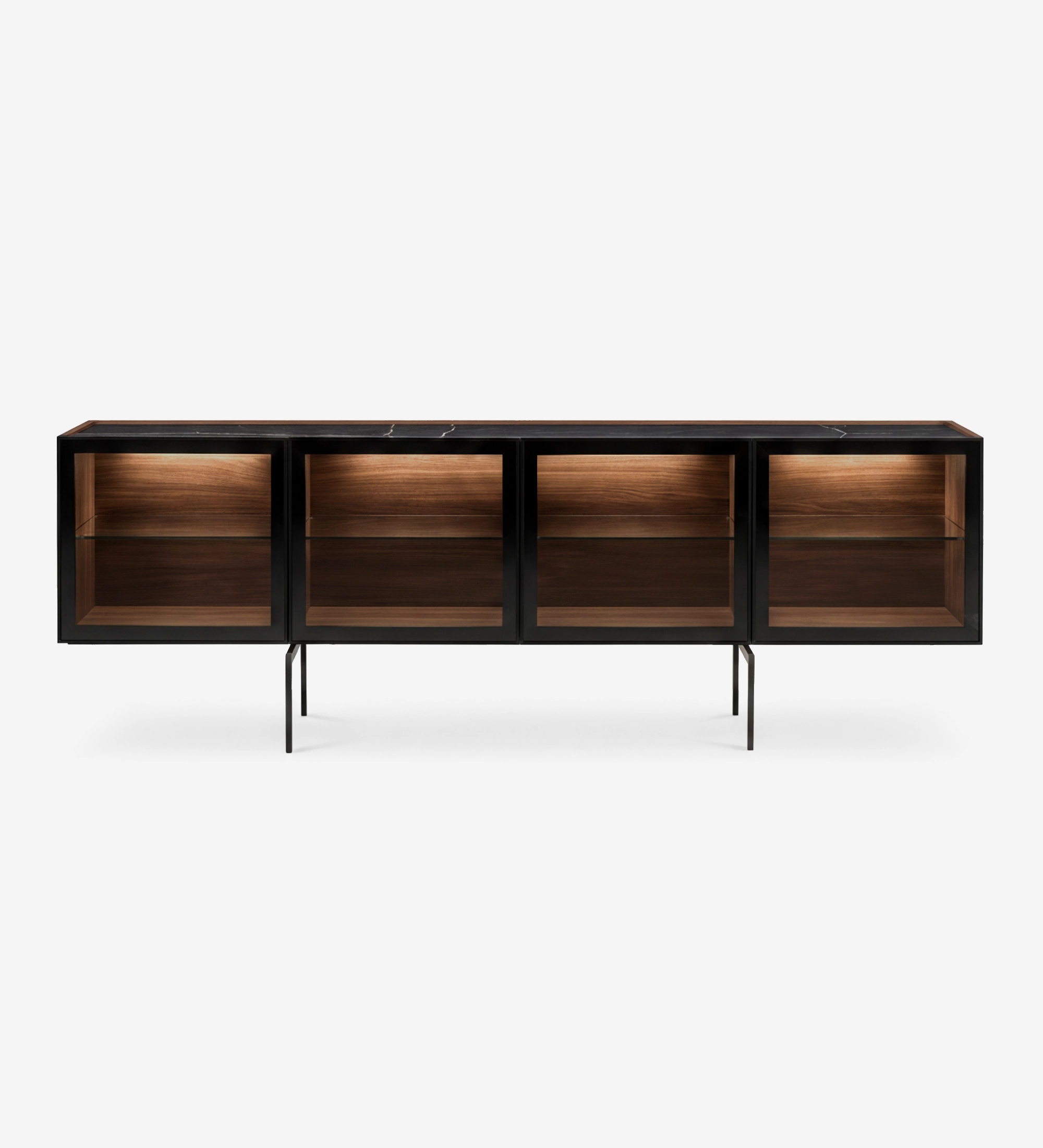 Lagos Sideboard, four glass-front cabinets with black frame, walnut interior and metal legs