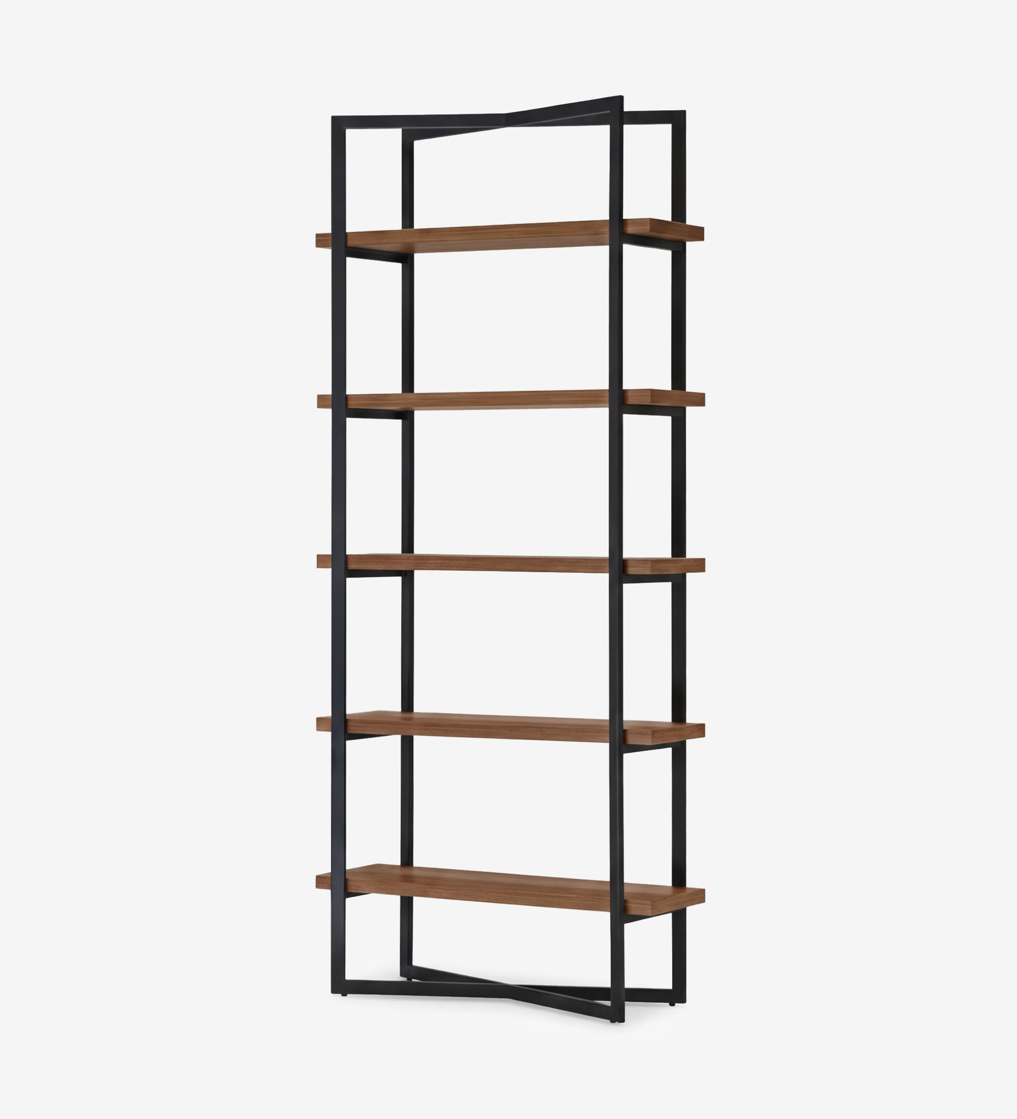 Lagos Bookcase with five walnut shelves and black metal frame