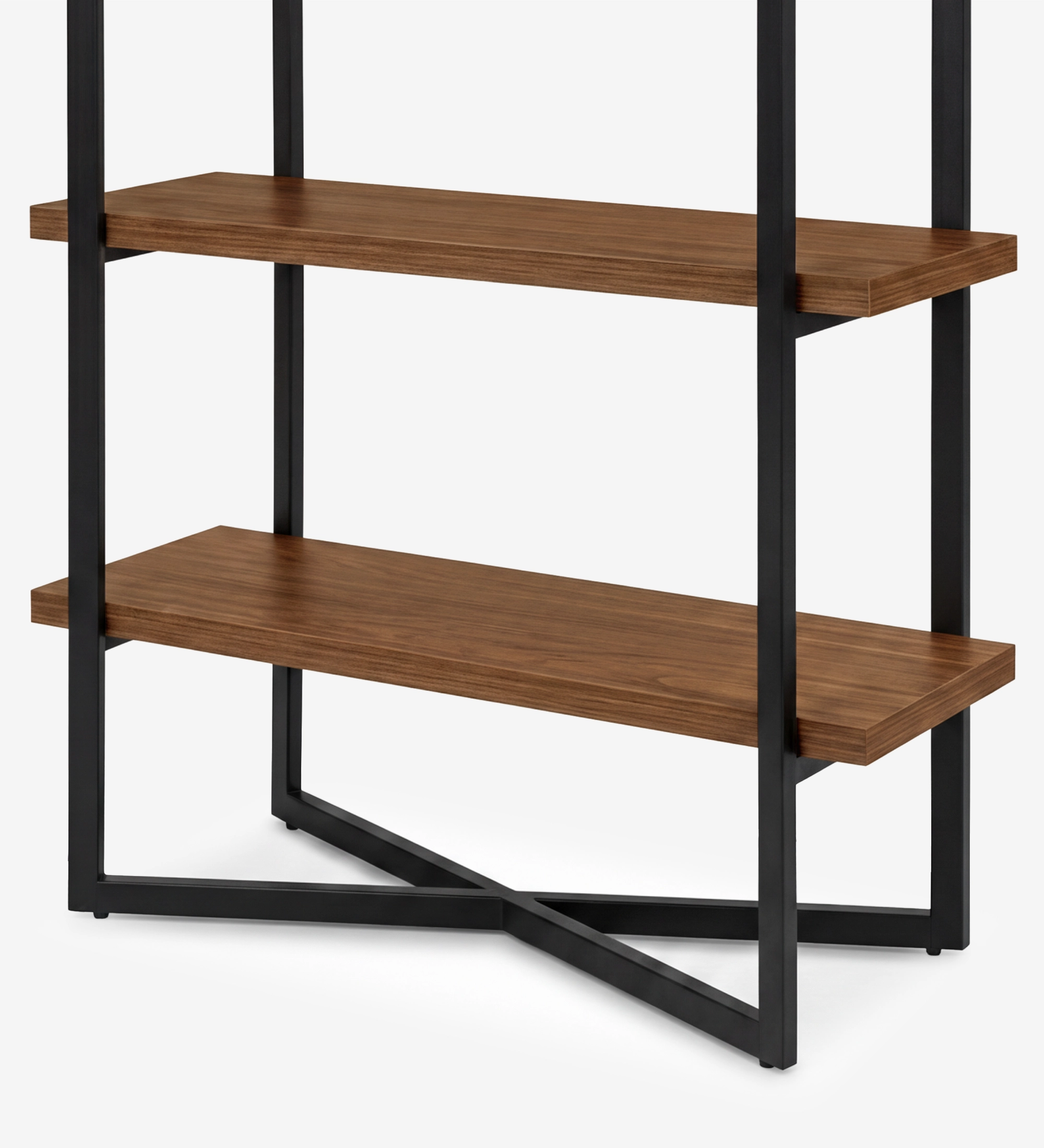Lagos Bookcase with two walnut shelves and black metal frame with crossed base