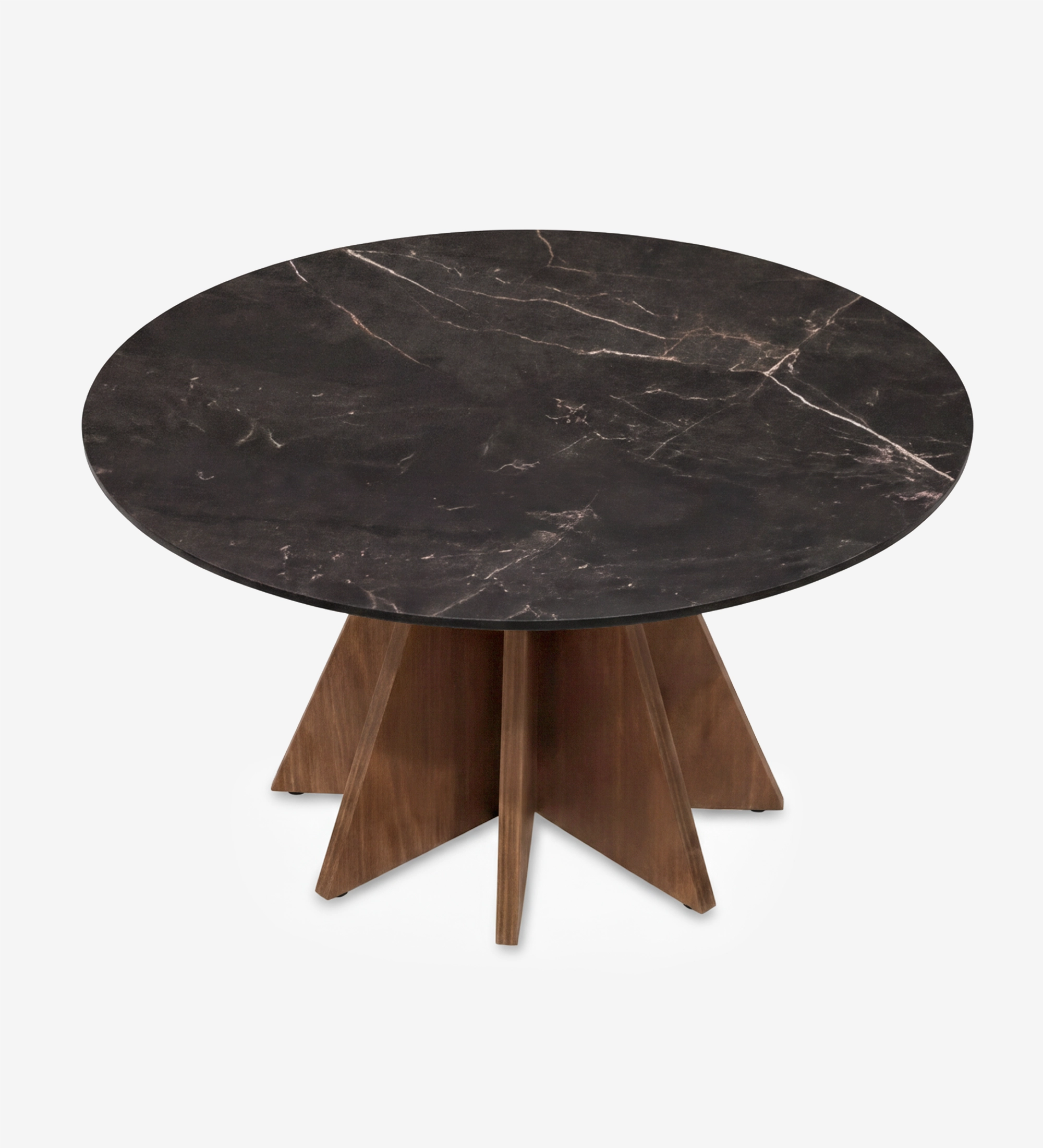 Lagos Center Table with round dark marble top and star-shaped wooden base