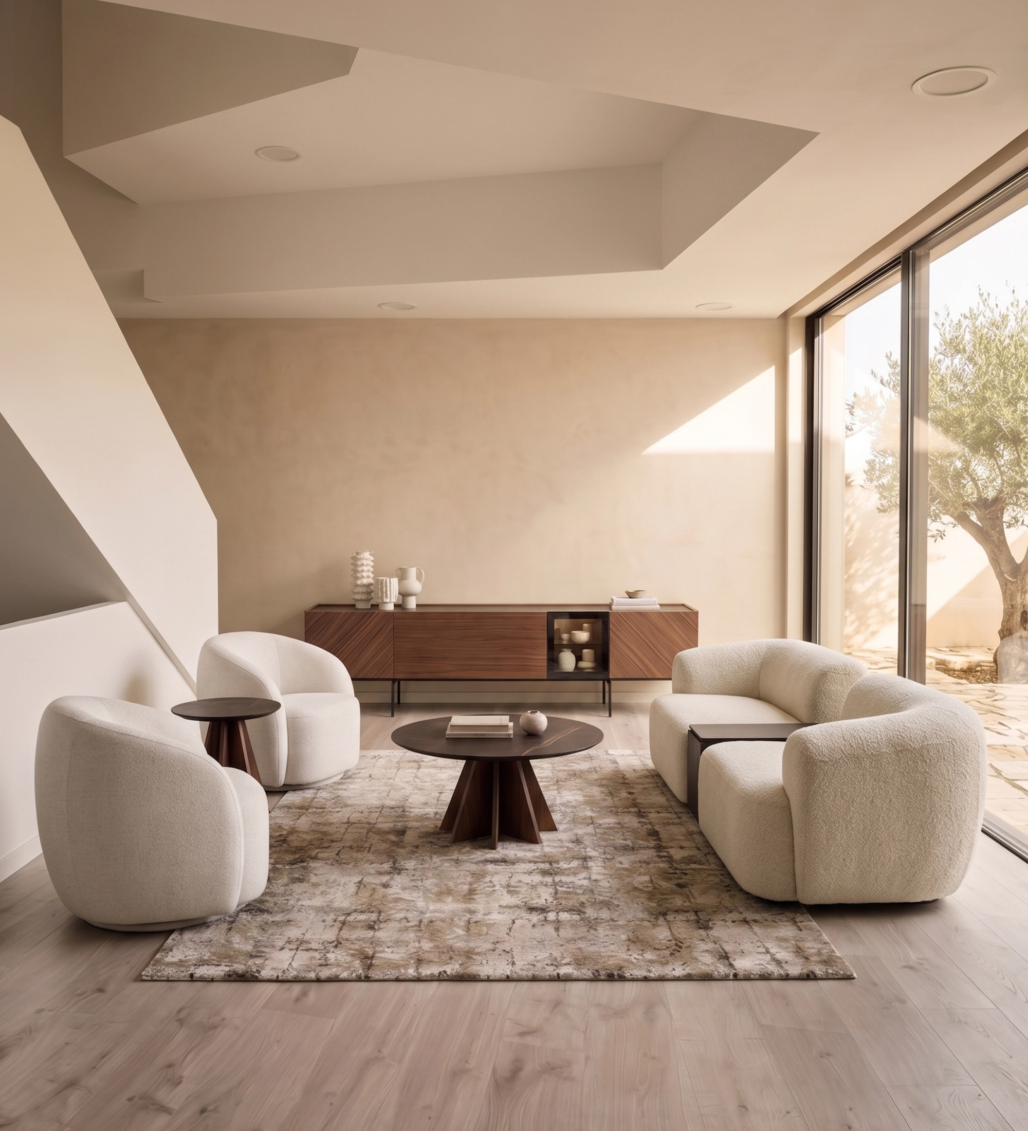 Lagos Center Table in modern living room with round dark wood table, curved cream sofa and chairs