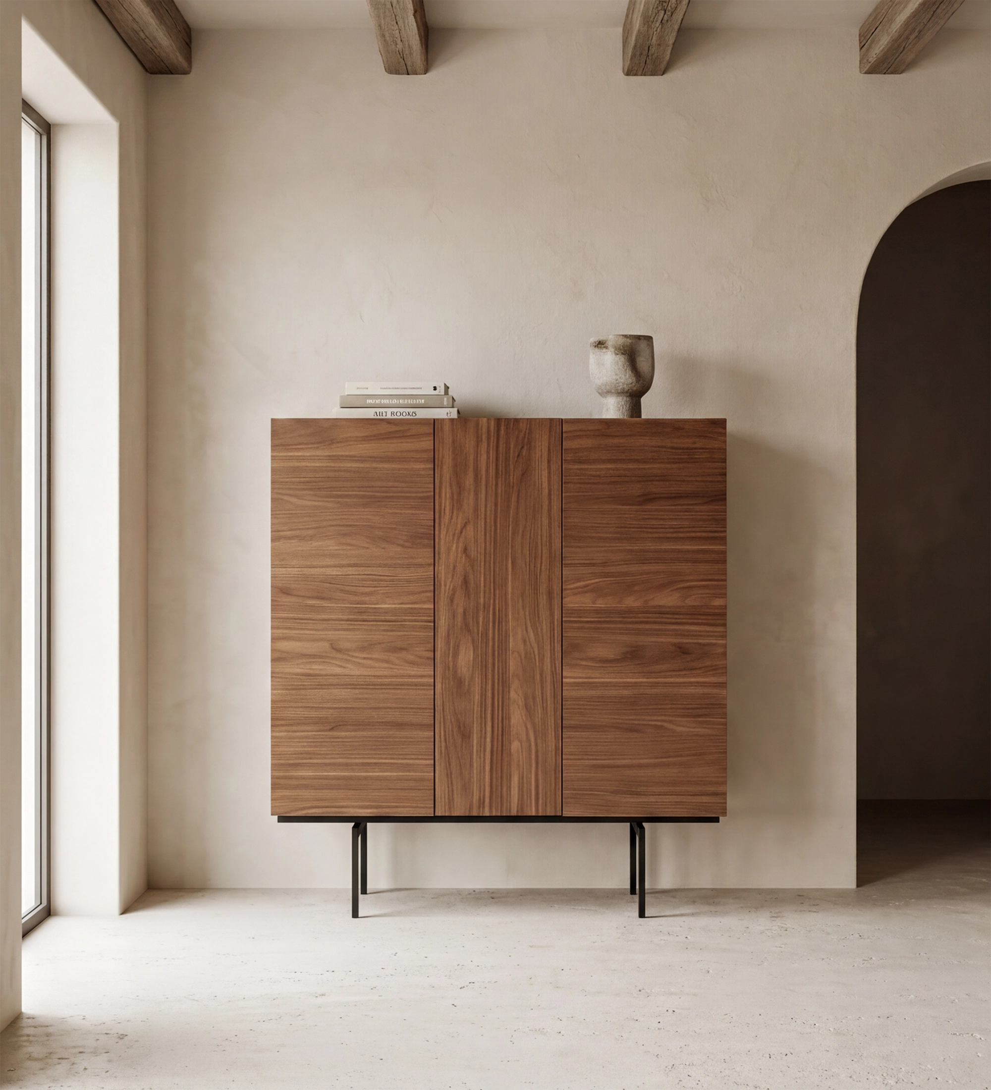 Despensa Lagos de madera con patas metálicas y dos puertas, estilo minimalista