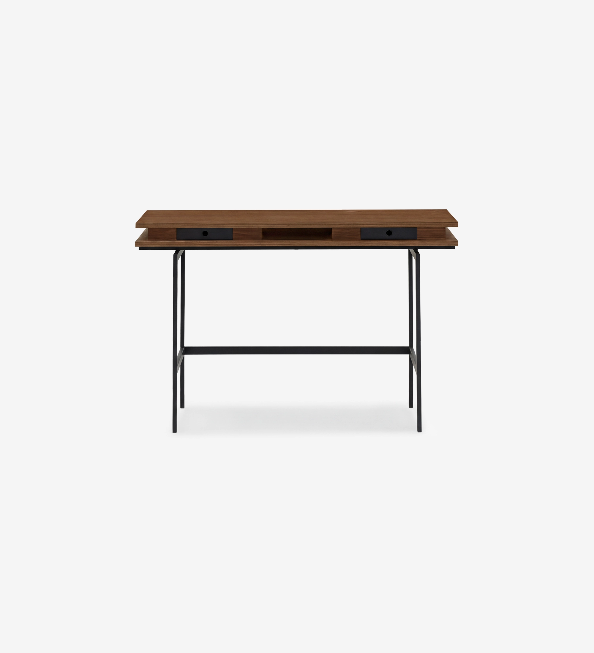 Tocador Secretaria Lagos de madera oscura con dos cajones y patas metálicas negras