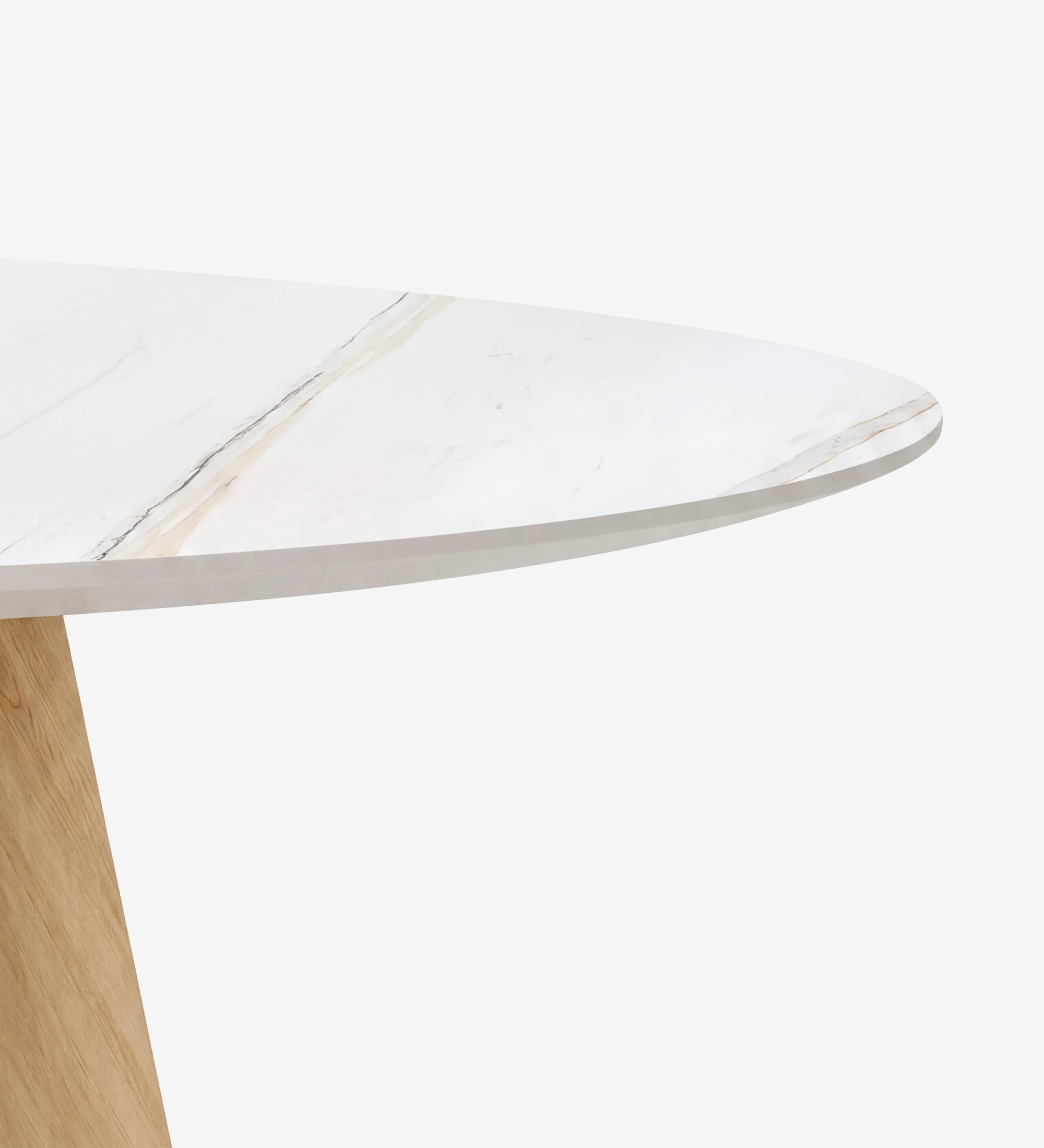 Mesa de Jantar Lagos com tampo de mármore branco e base de madeira