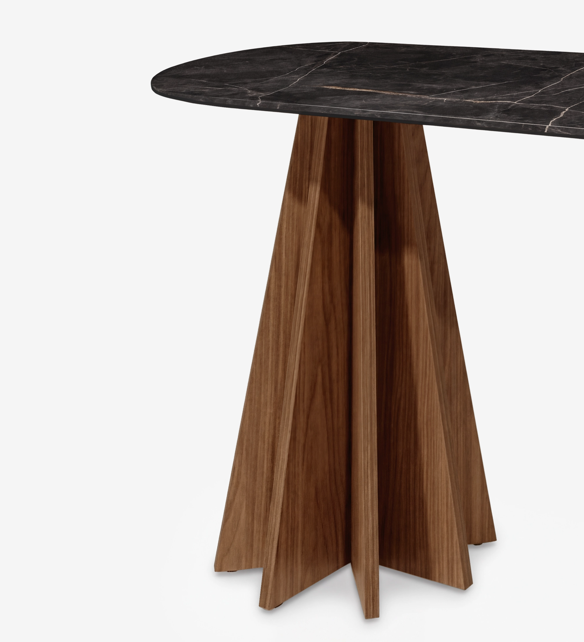 Lagos Console with oval black marble top and sculptural wood pedestal base