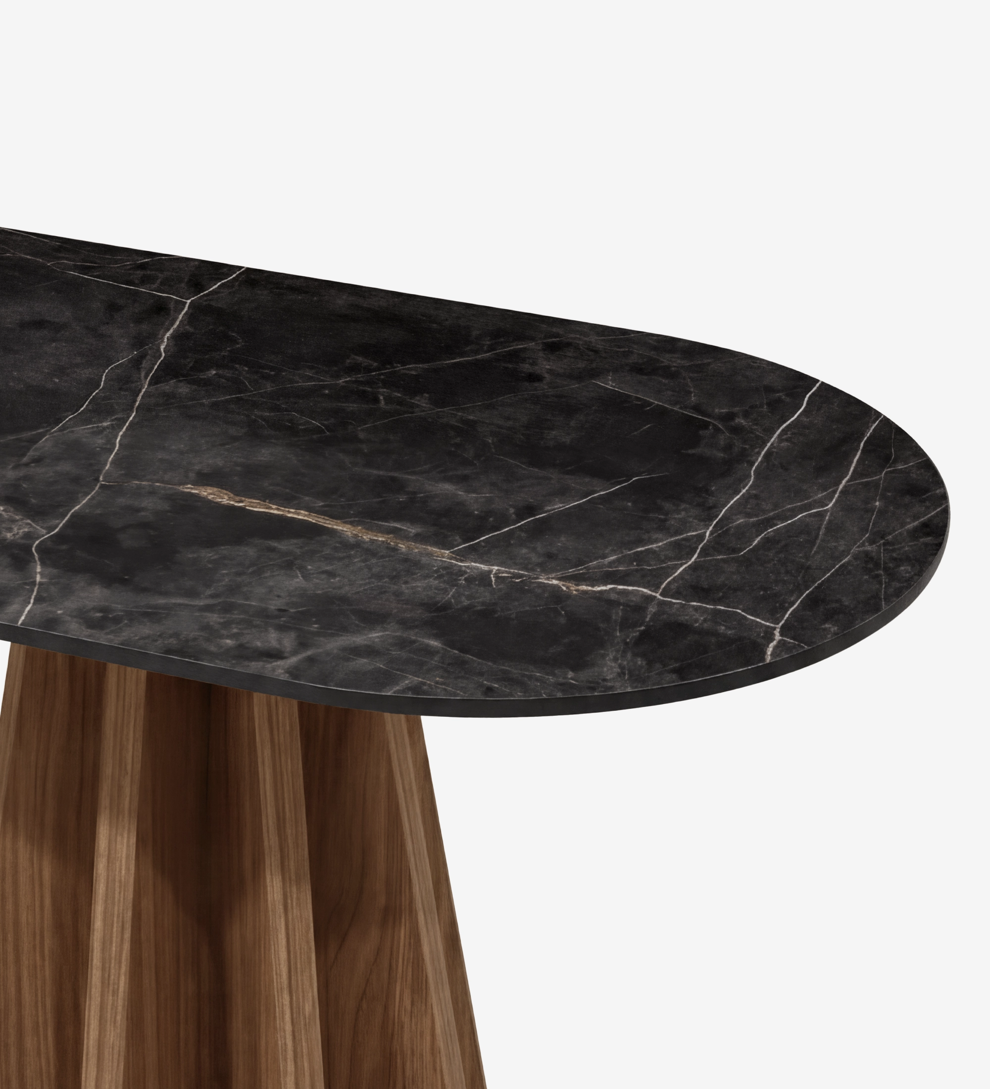 Lagos Console with oval black marble top and fluted walnut pedestal base