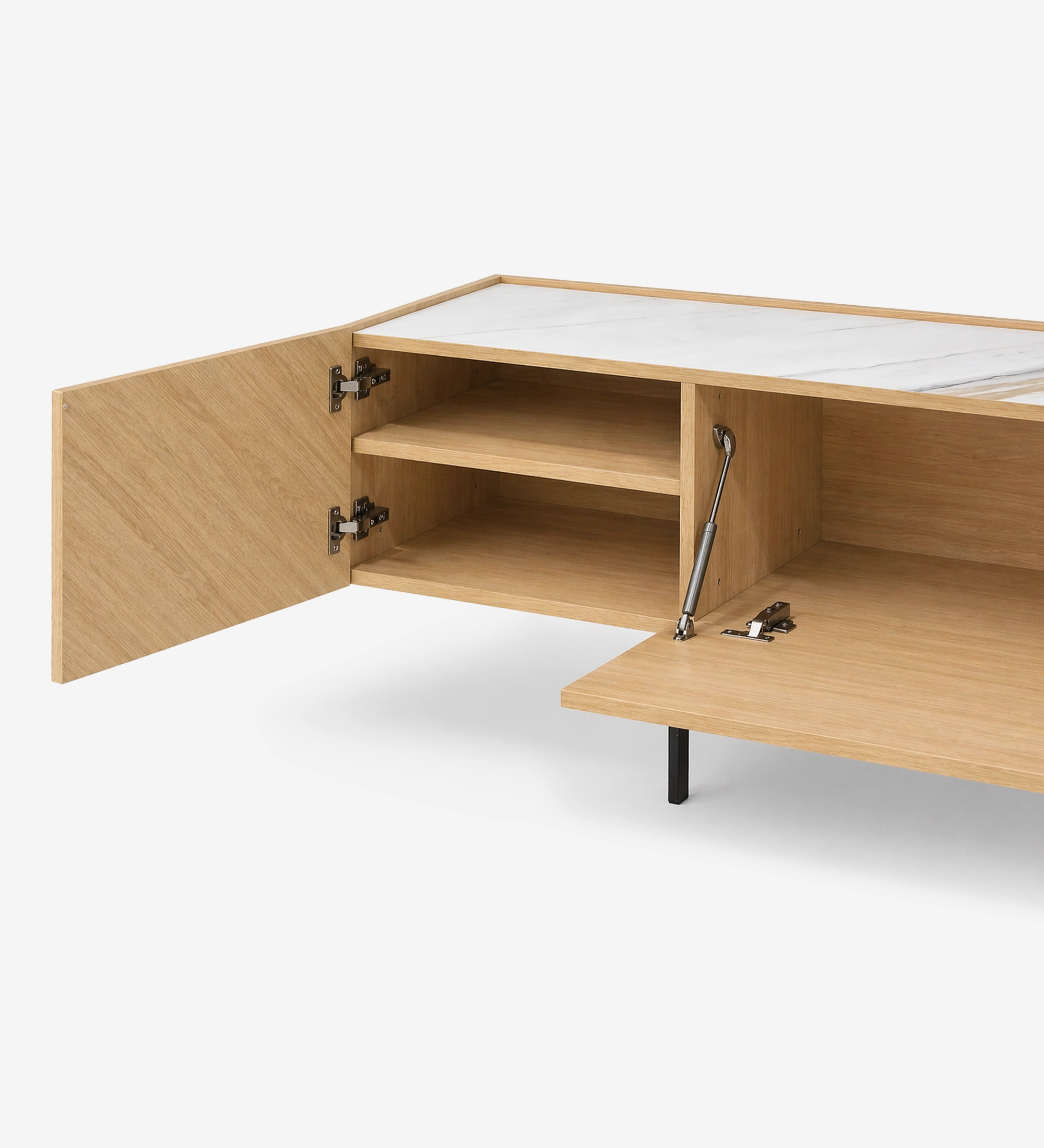 Mueble TV Lagos de madera clara con puertas abiertas, estantes y superficie blanca