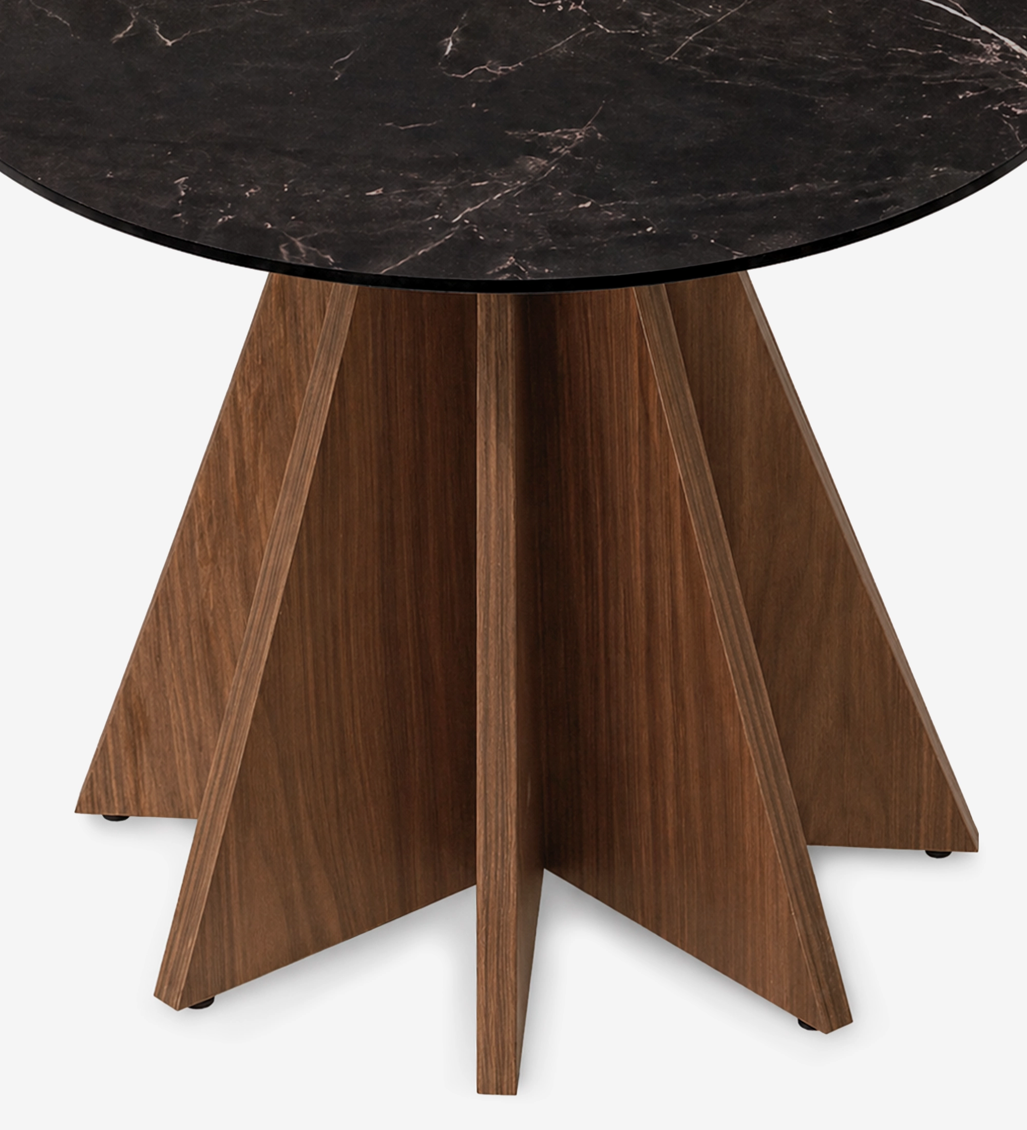 Table basse Lagos à plateau rond marbre noir et piètement central en bois étoilé