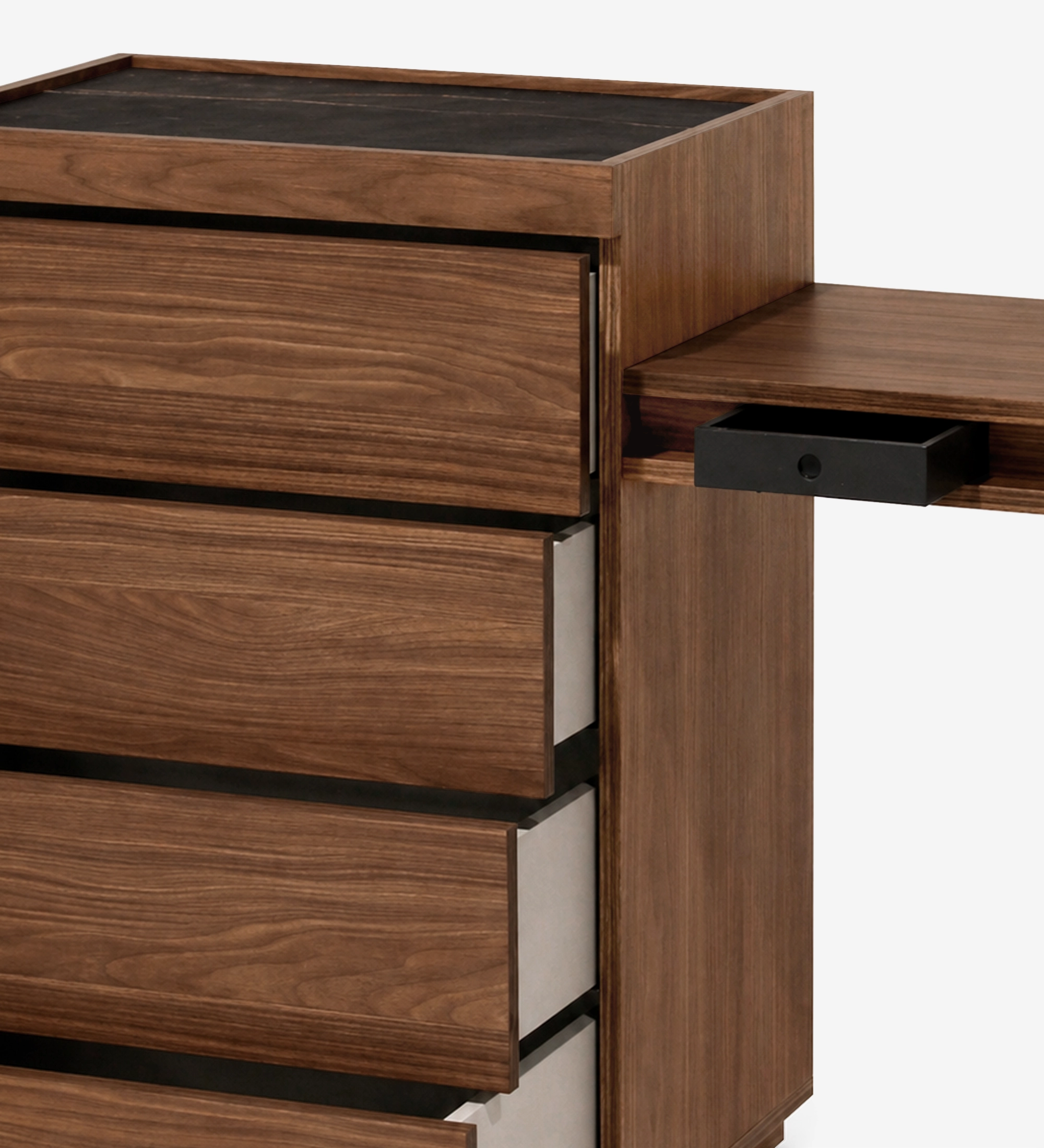Walnut dresser close-up showing flush drawers and pull-out vanity shelf with small black tray