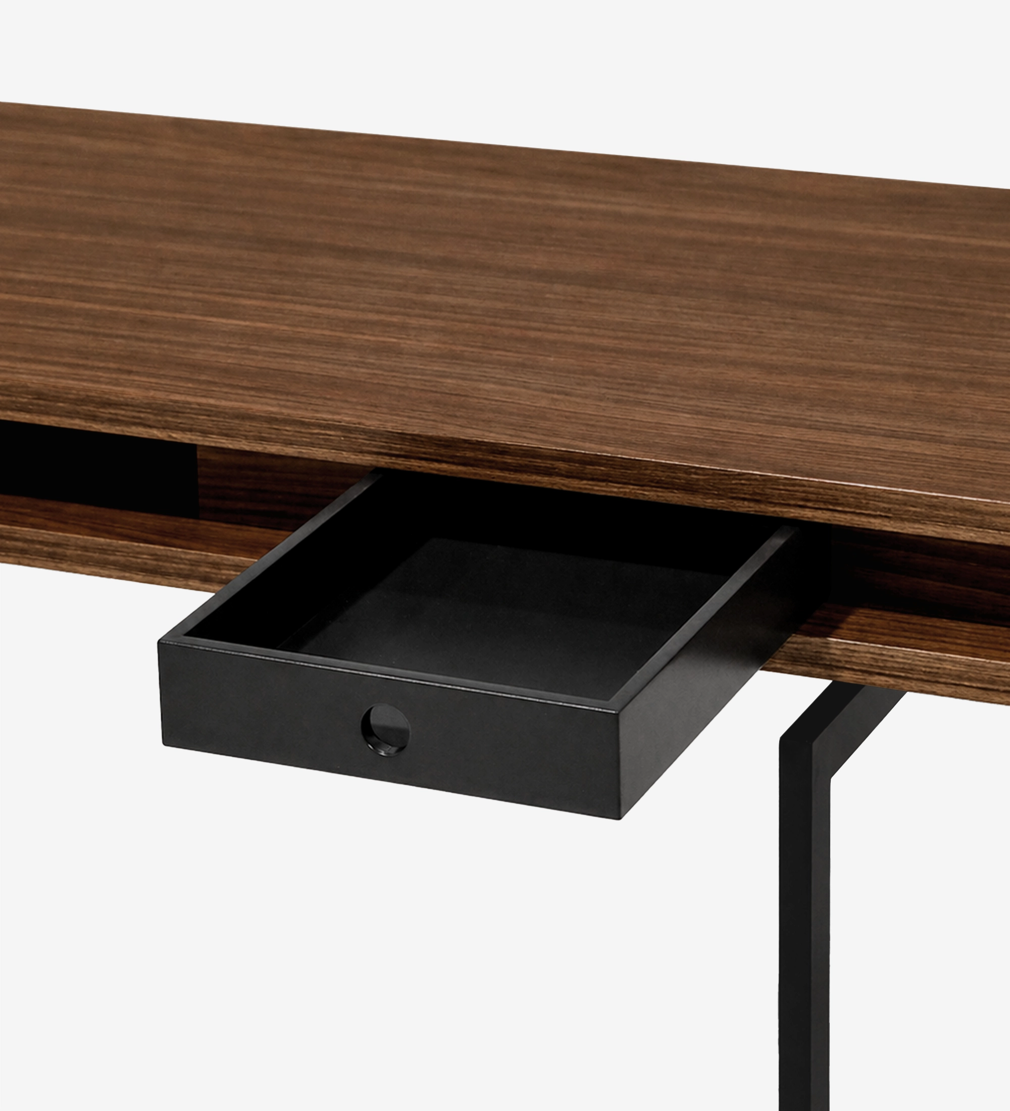 Lagos dresser with vanity close-up of wood top, open black drawer and metal leg