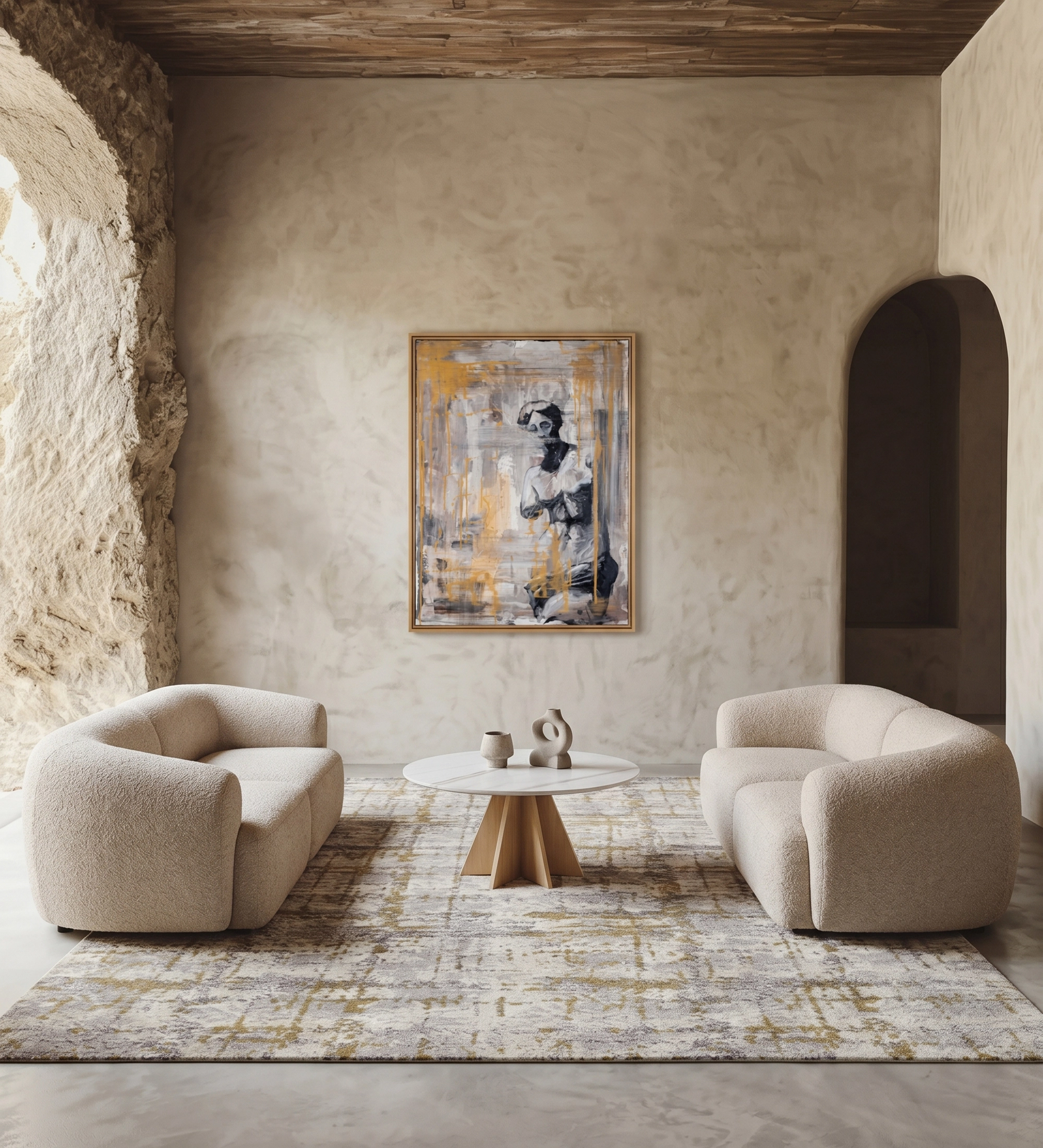 Lagos Center Table white round top with wooden pedestal between two cream sofas