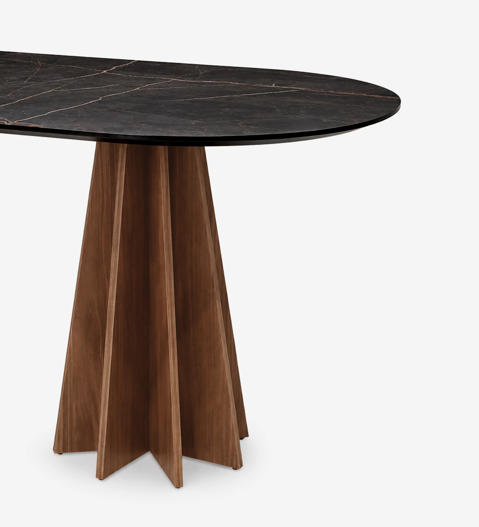 Lagos Dining Table with black marble top and sculpted walnut pedestal base